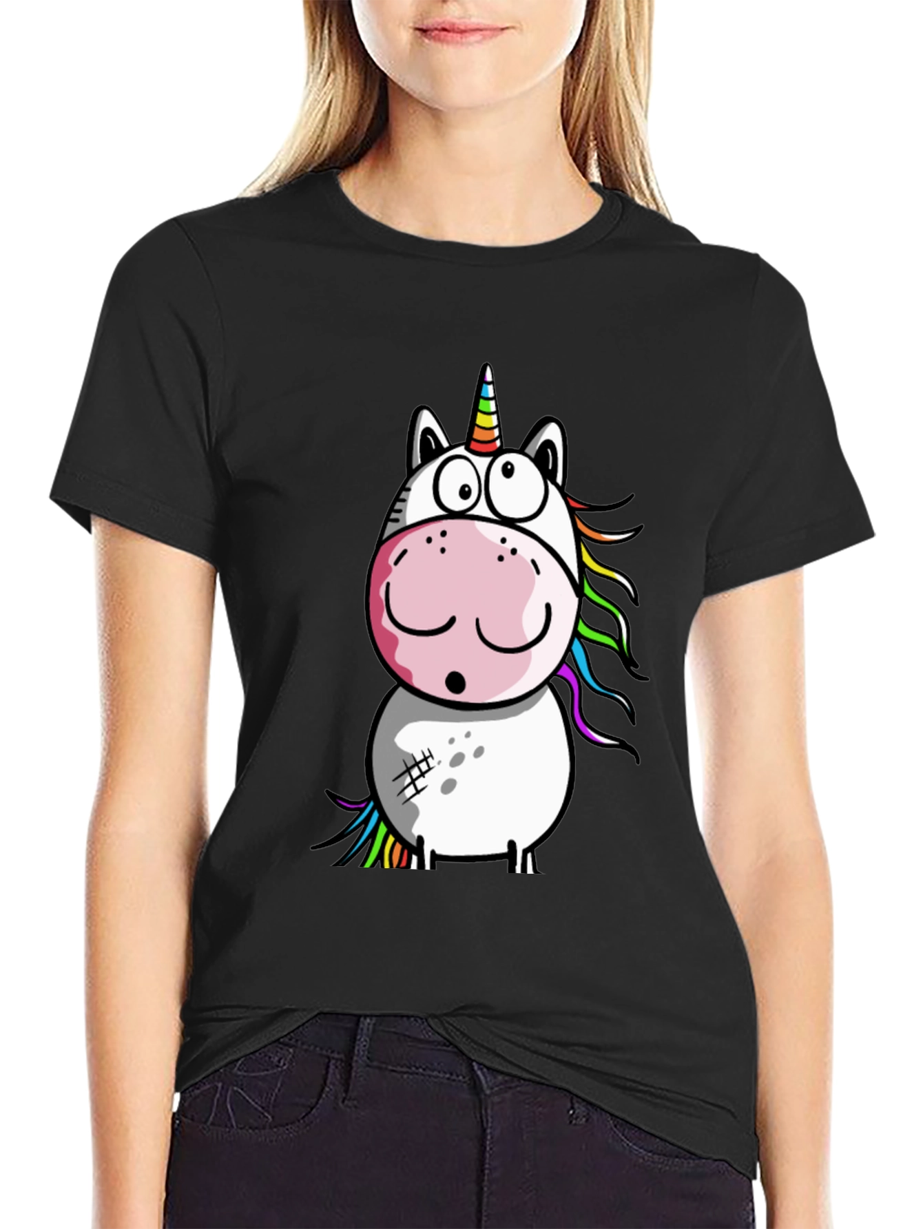 Cartoon Unicorn Graphic T-Shirt - Black