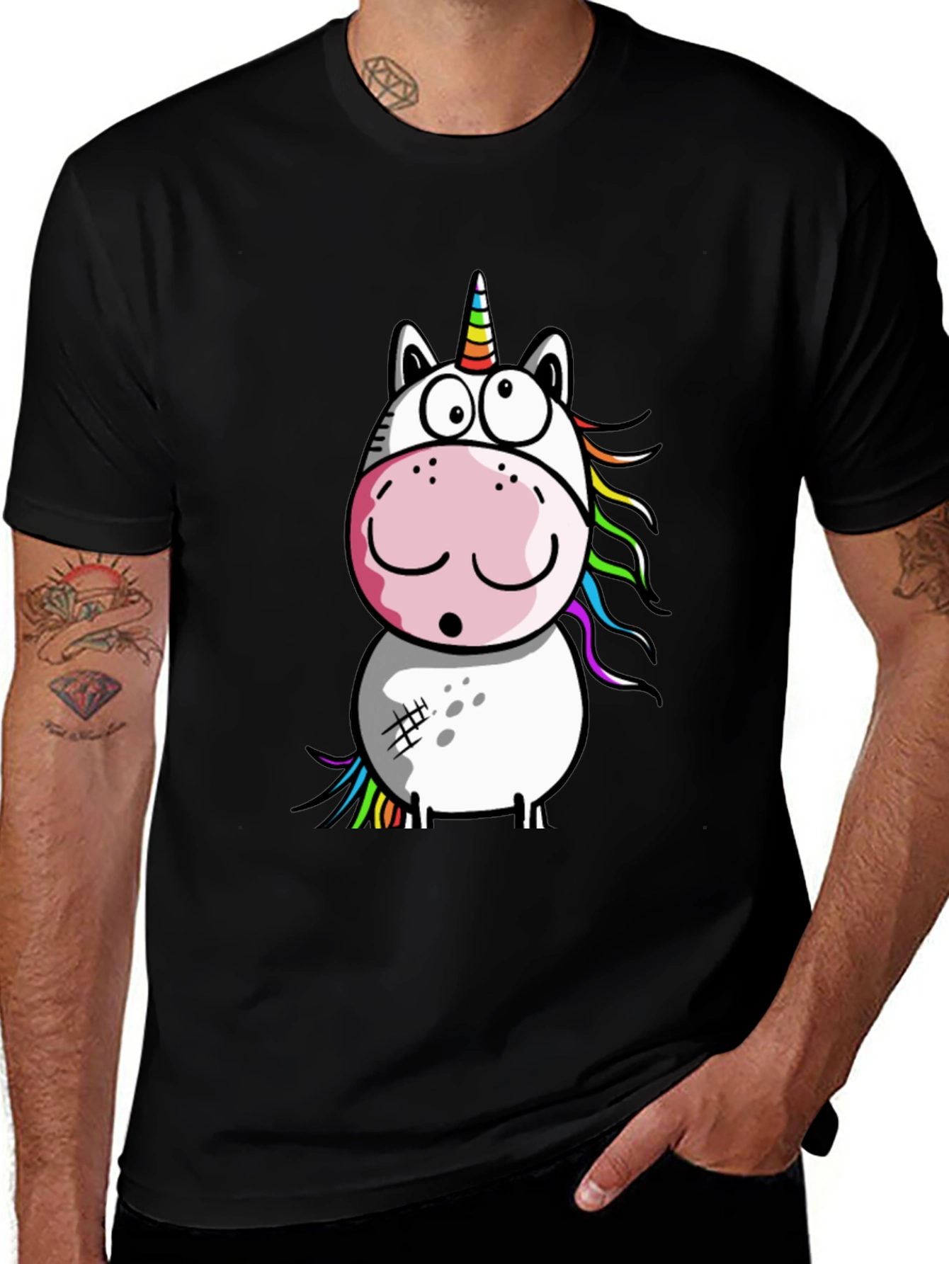Cartoon Unicorn Graphic T-Shirt - Black