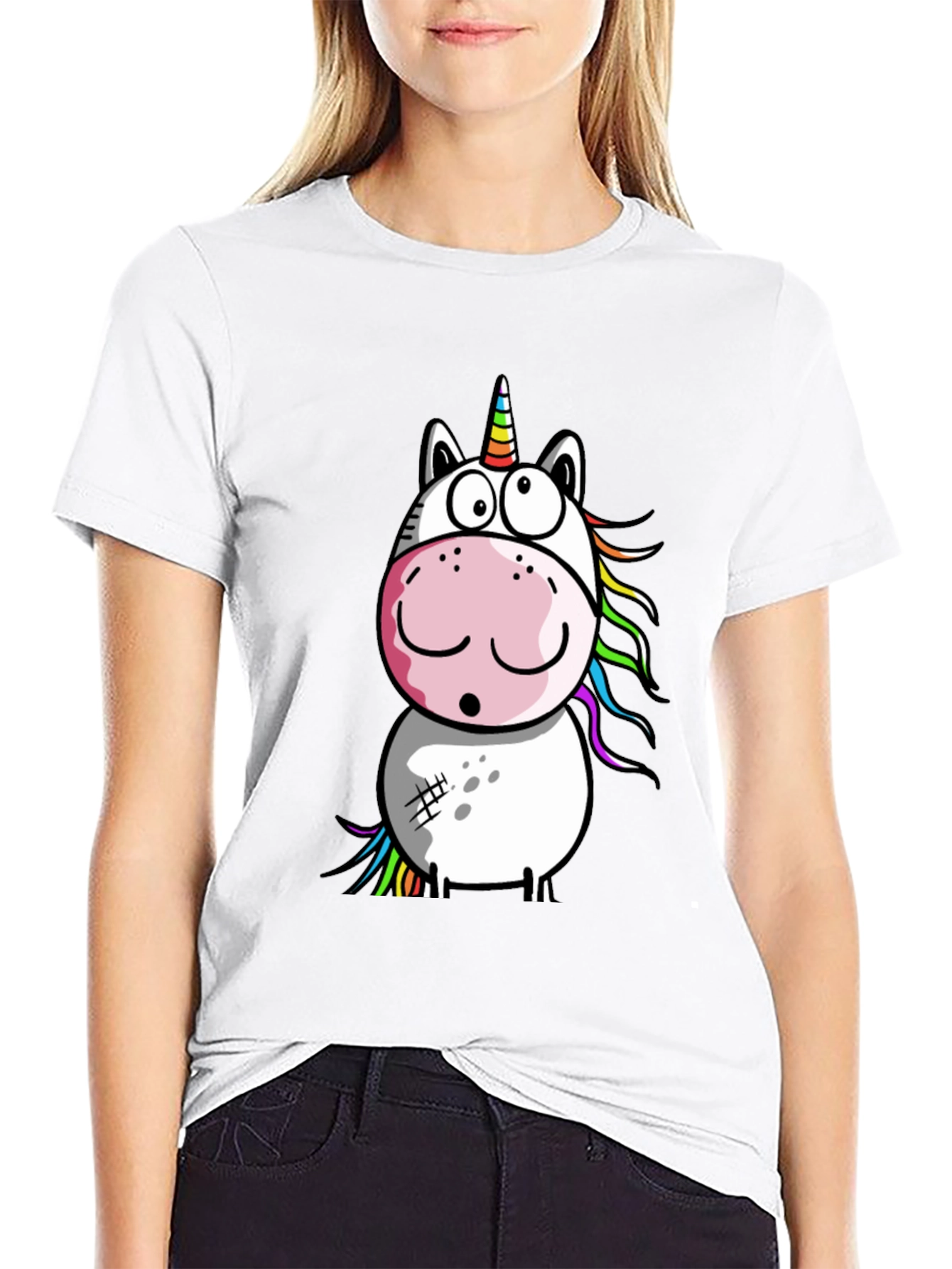 Cartoon Unicorn Graphic T-Shirt - Black