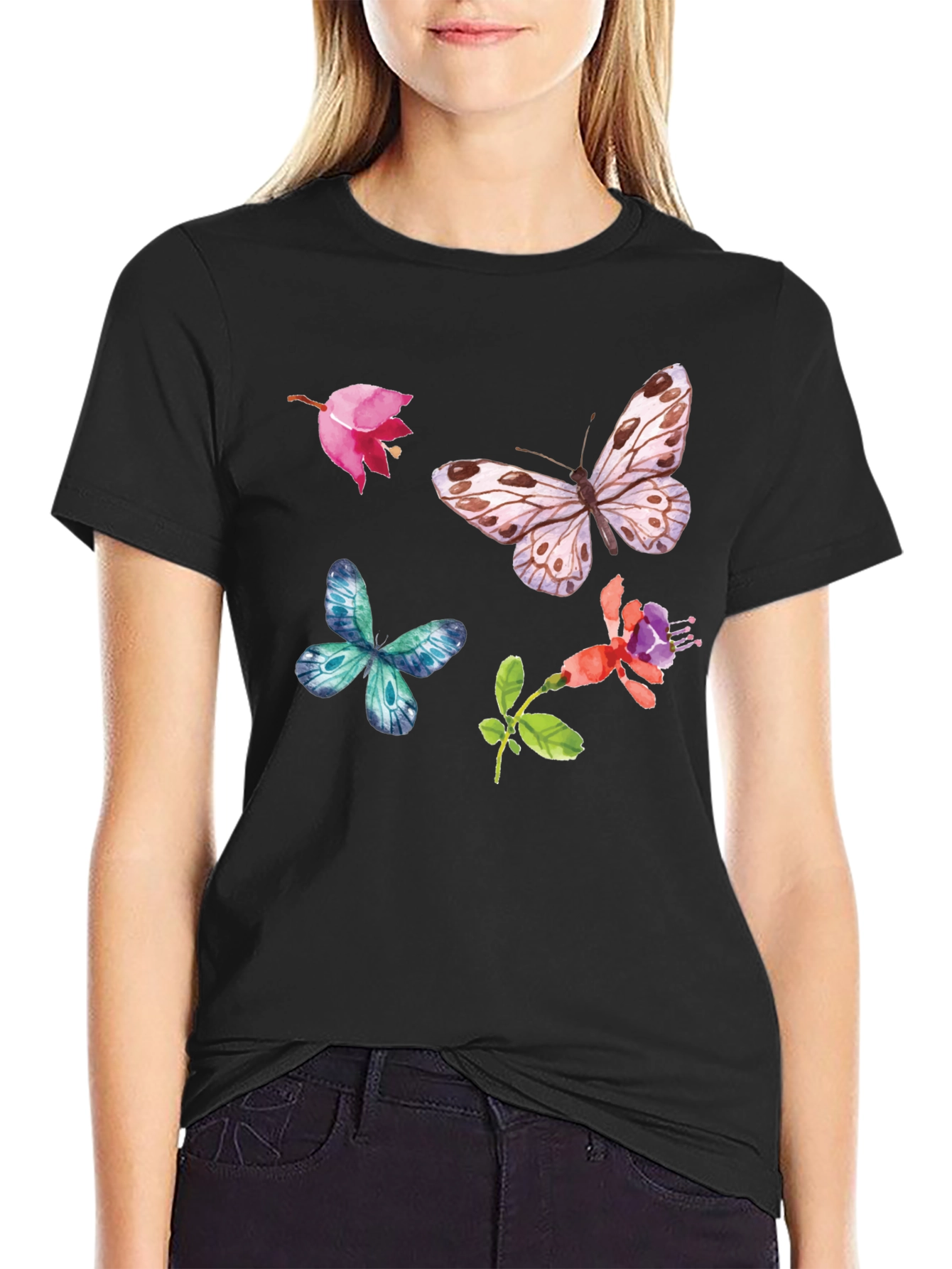 Floral Butterfly Graphic Tee - Black Casual Top
