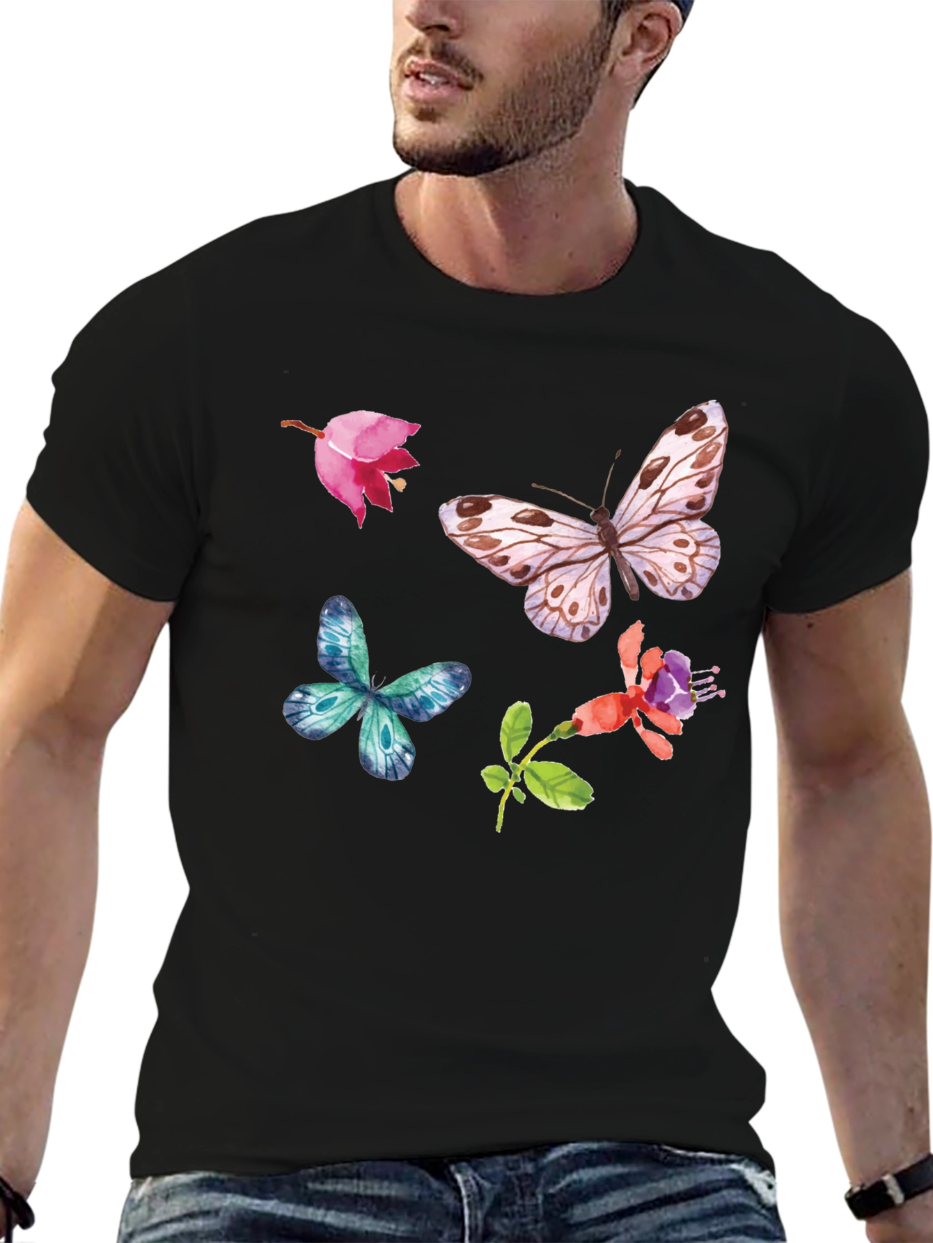 Floral Butterfly Graphic Tee - Black Casual Top