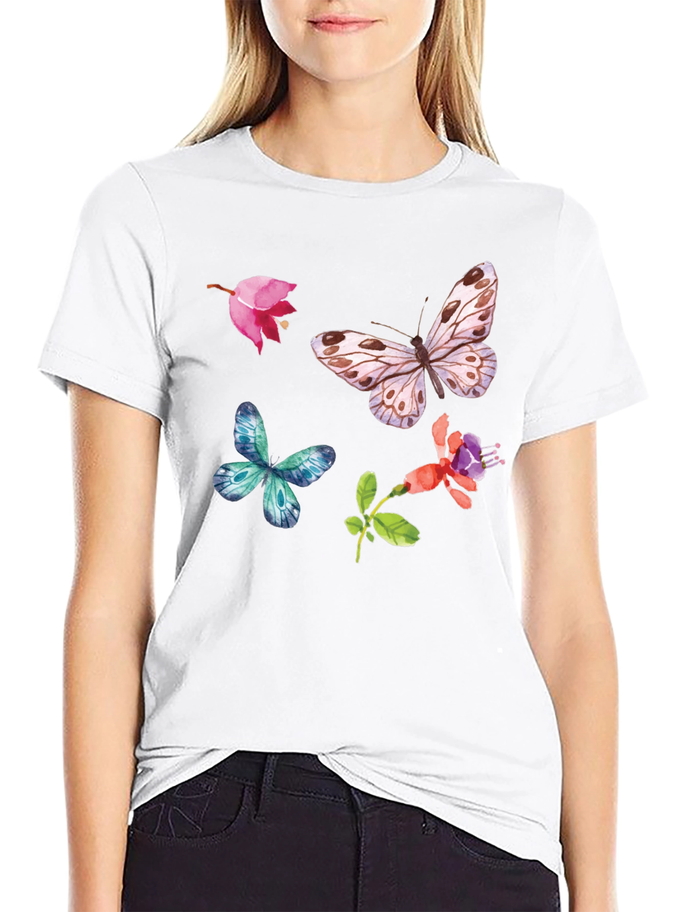 Floral Butterfly Graphic Tee - Black Casual Top