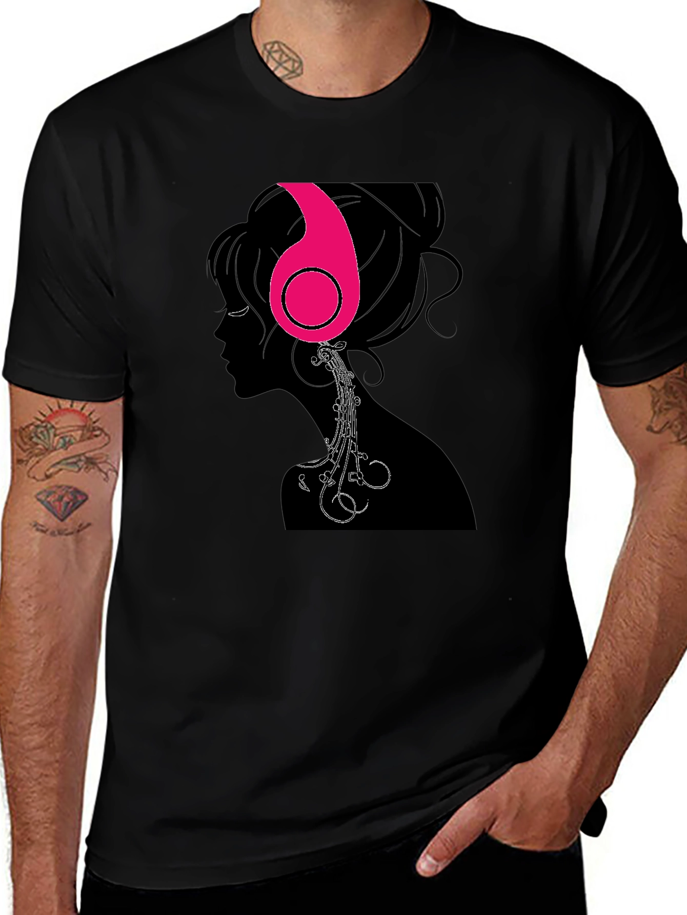 Headphones Girl Graphic Tee - Black Cotton T-Shirt