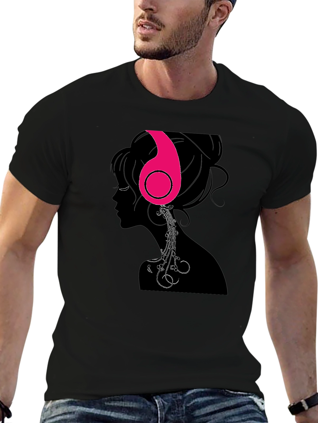 Headphones Girl Graphic Tee - Black Cotton T-Shirt