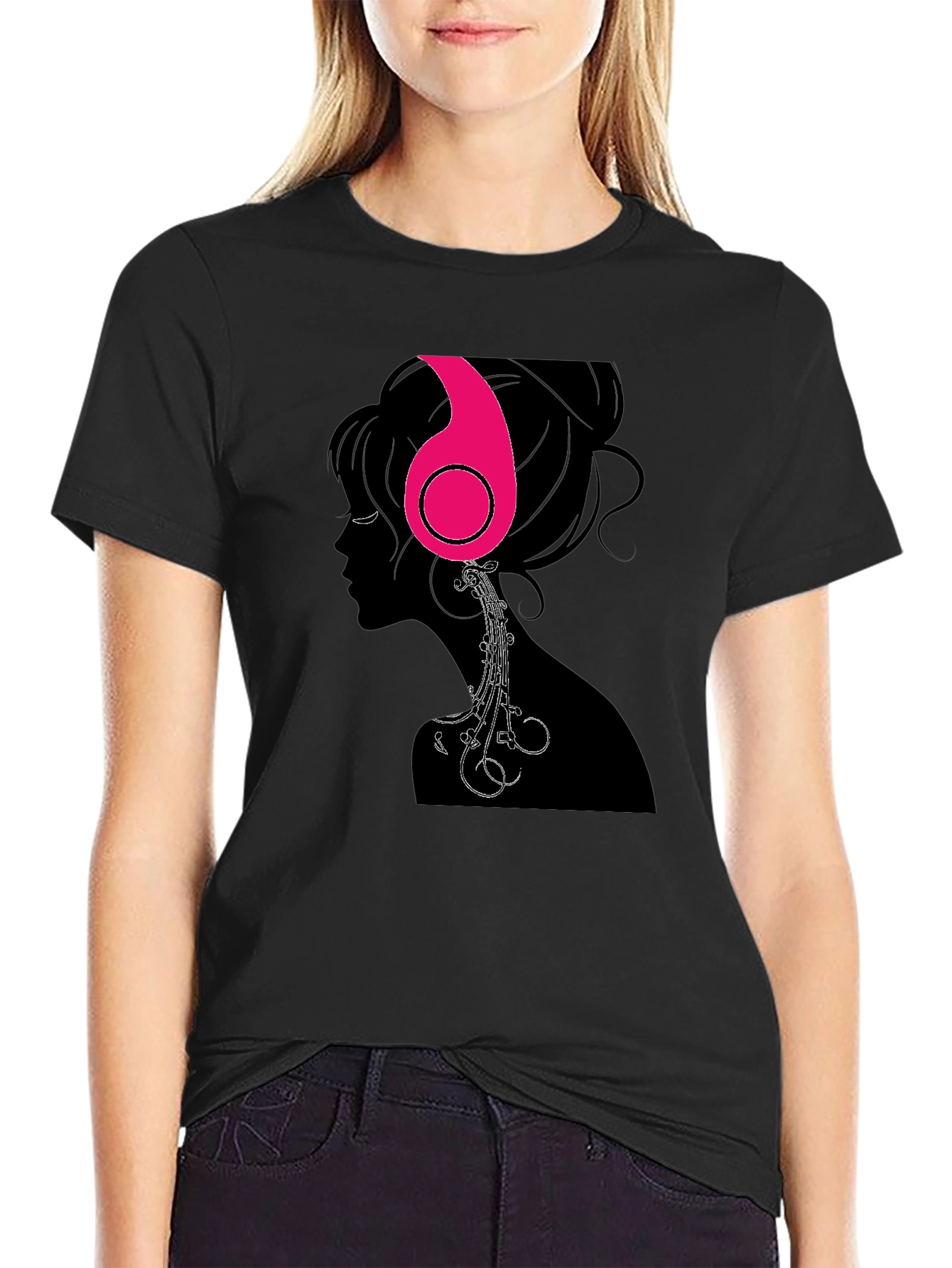 Headphones Girl Graphic Tee - Black Cotton T-Shirt