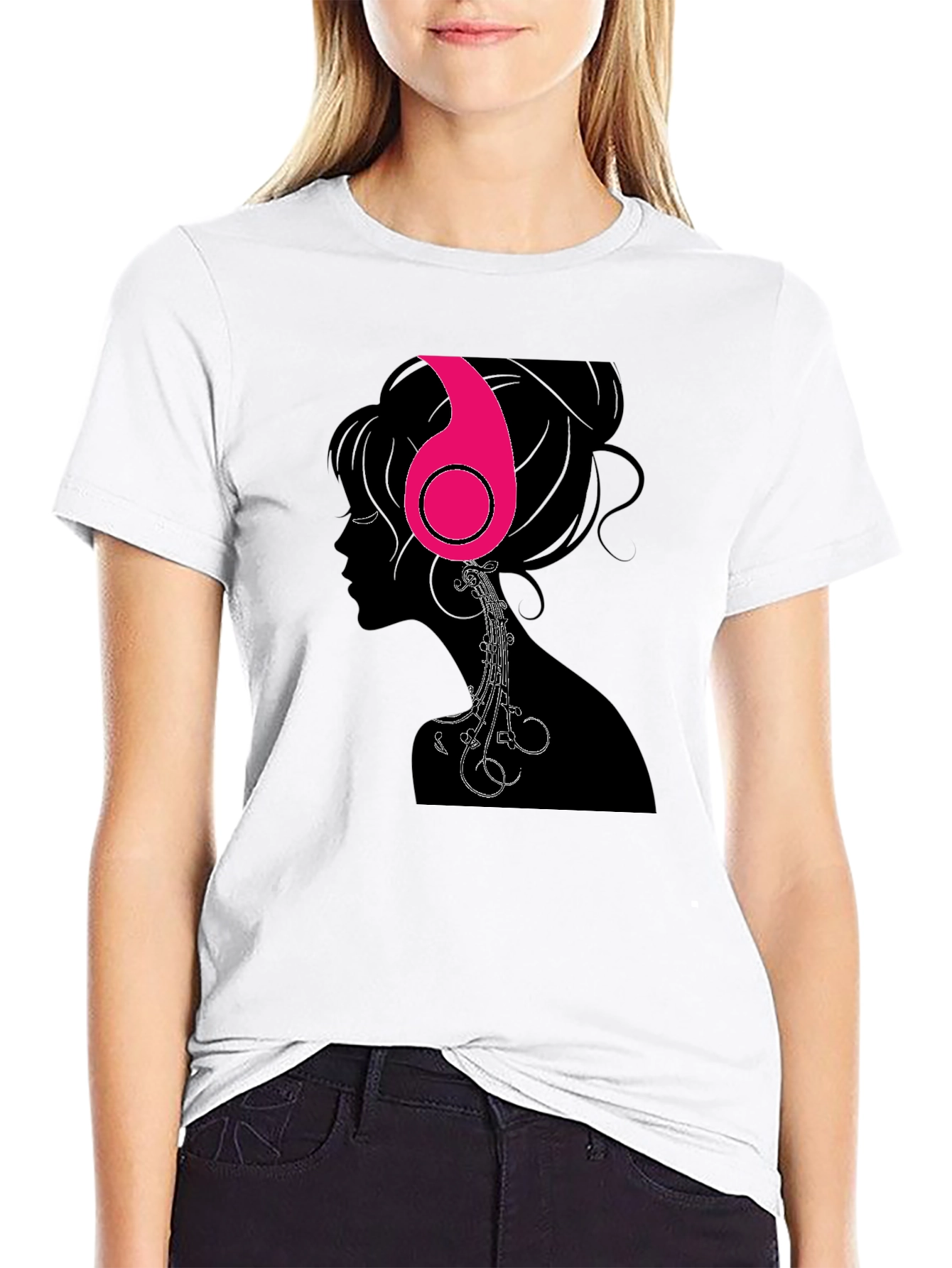 Headphones Girl Graphic Tee - Black Cotton T-Shirt