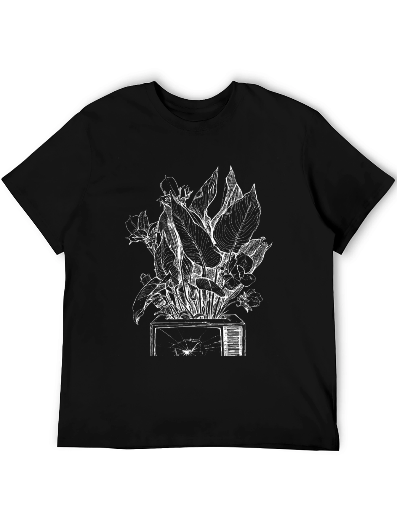 Black Tee with Plant on Broken TV Graphic