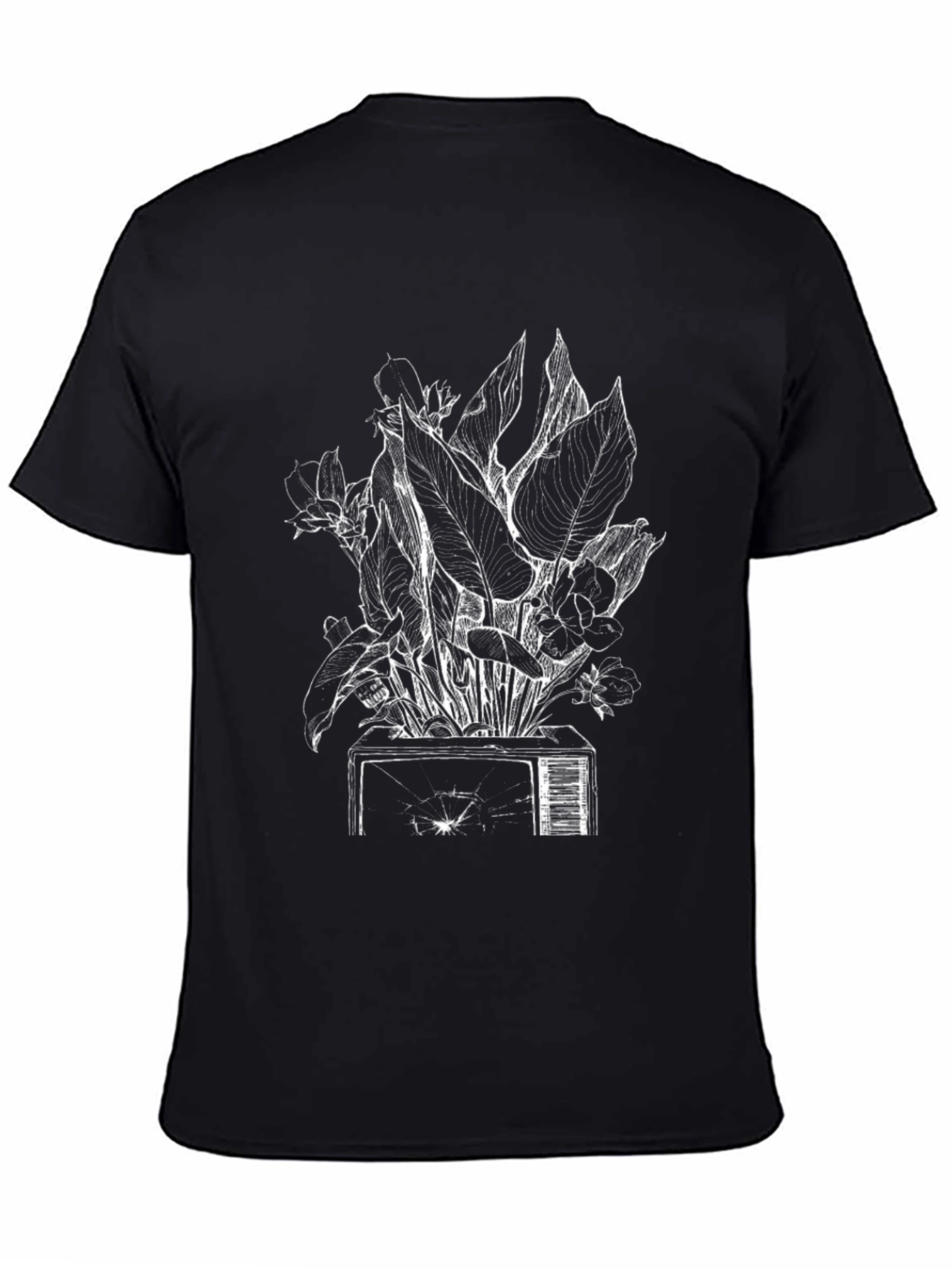 Black Tee with Plant on Broken TV Graphic