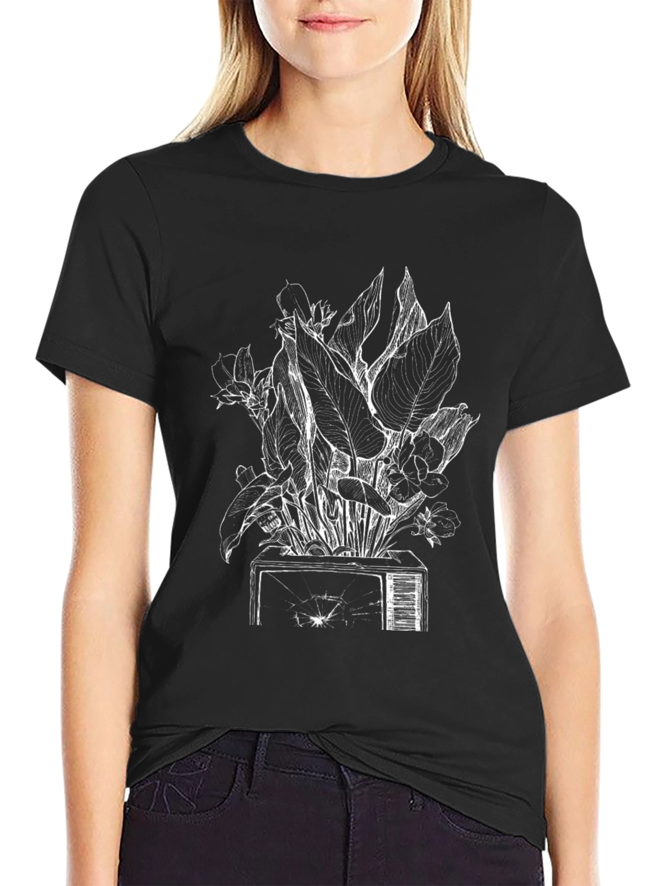 Black Tee with Plant on Broken TV Graphic