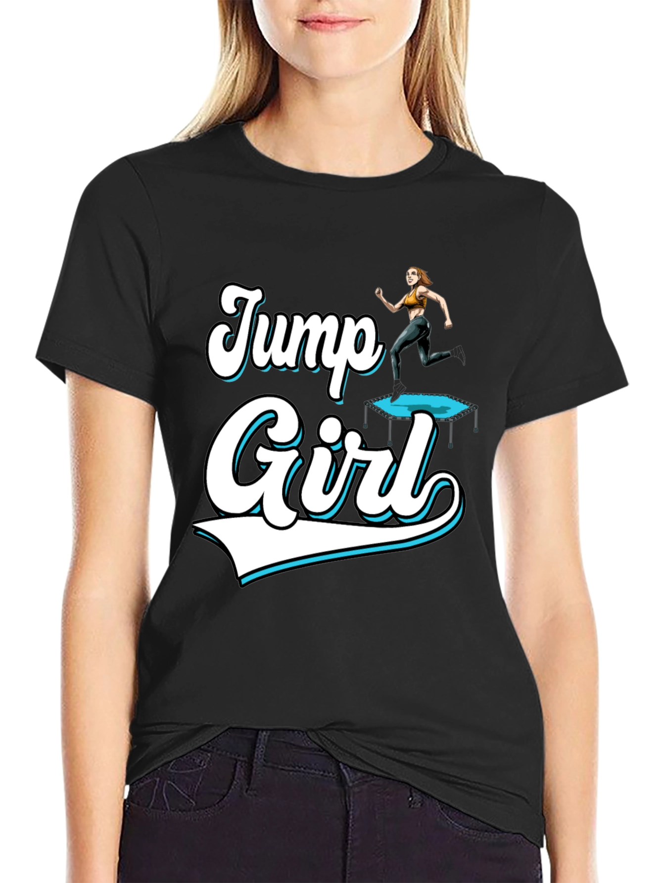 Jump Girl Black T-Shirt Fun Design