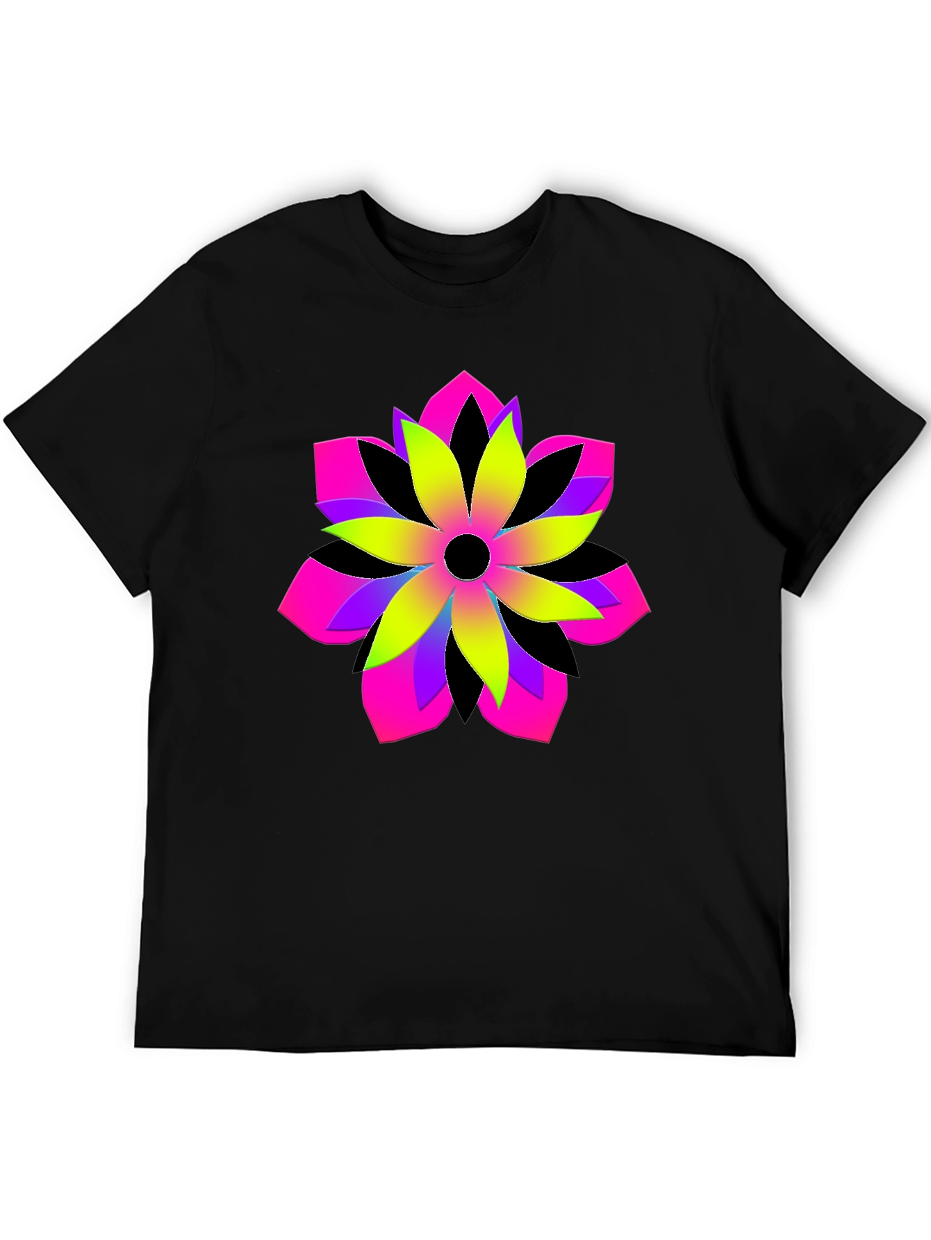 Vibrant Geometric Flower Graphic Black T-Shirt
