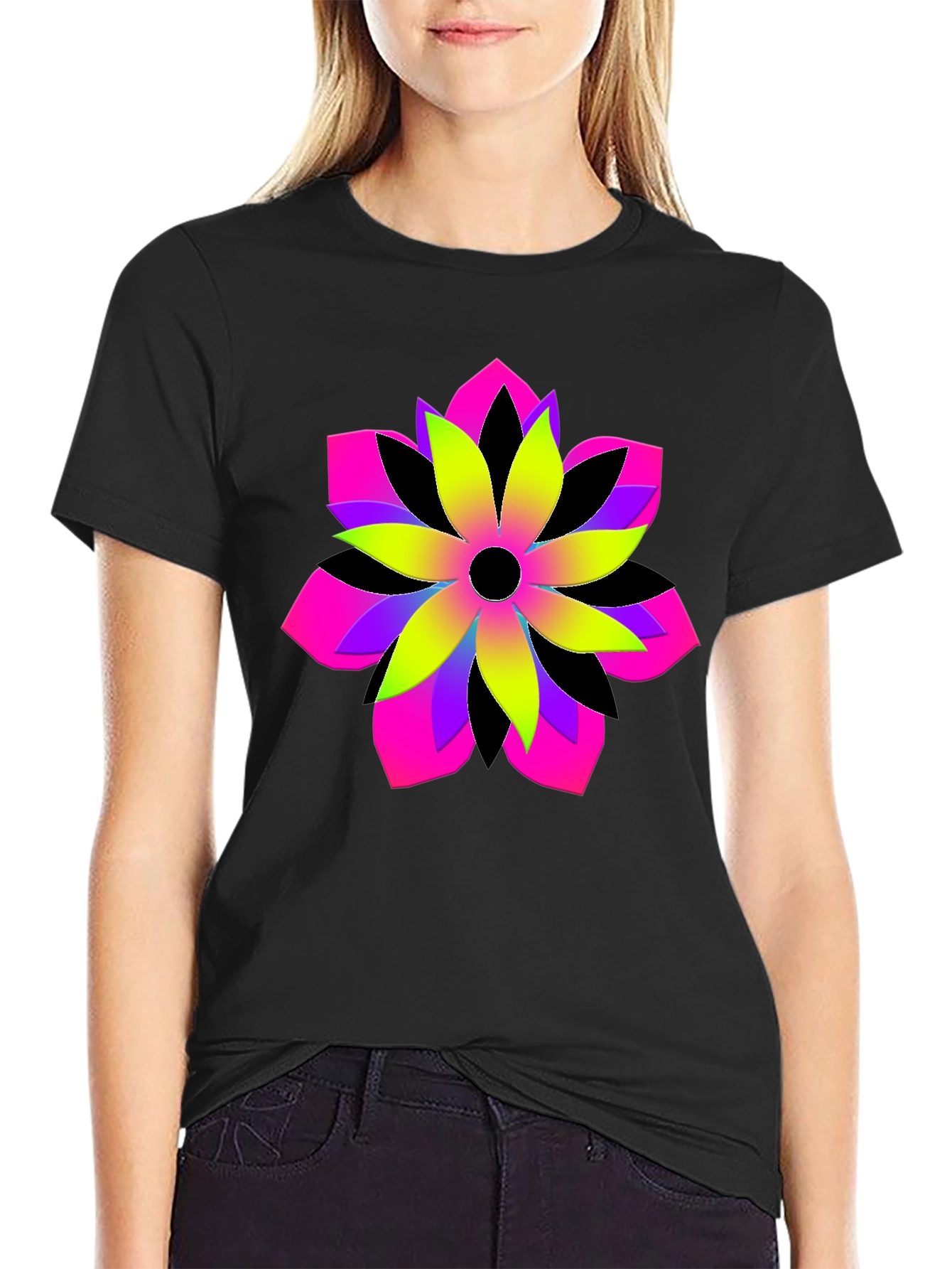 Vibrant Geometric Flower Graphic Black T-Shirt