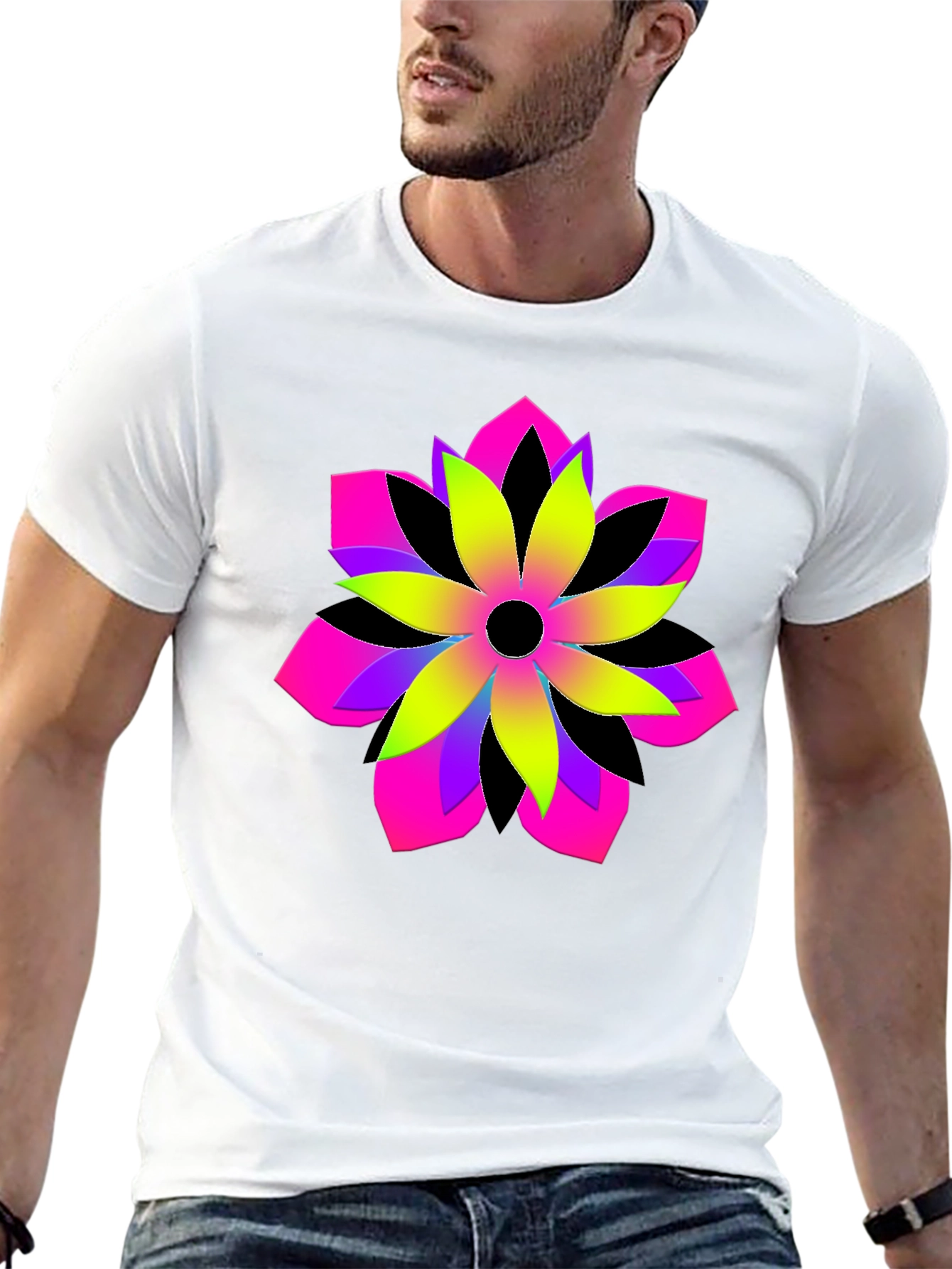 Vibrant Geometric Flower Graphic Black T-Shirt