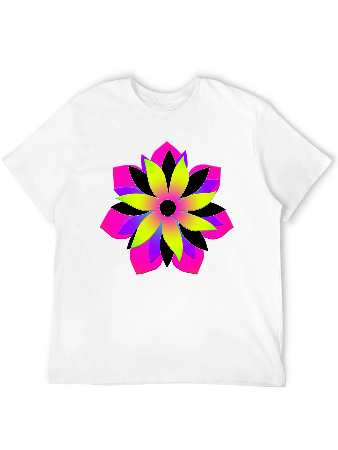 Vibrant Geometric Flower Graphic Black T-Shirt