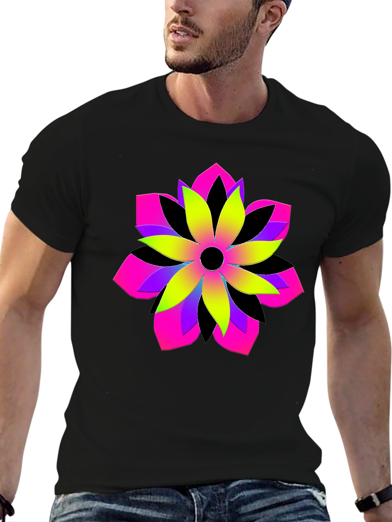Vibrant Geometric Flower Graphic Black T-Shirt