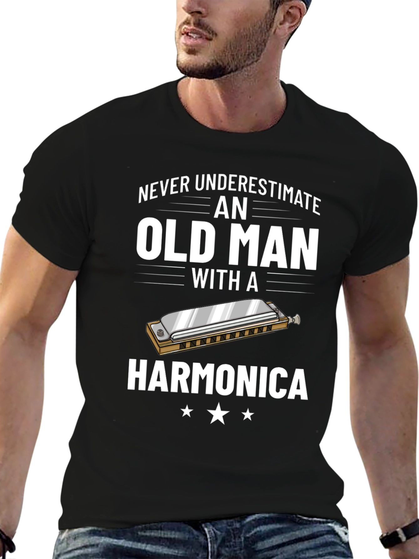 Never Underestimate an Old Man with a Harmonica T-Shirt