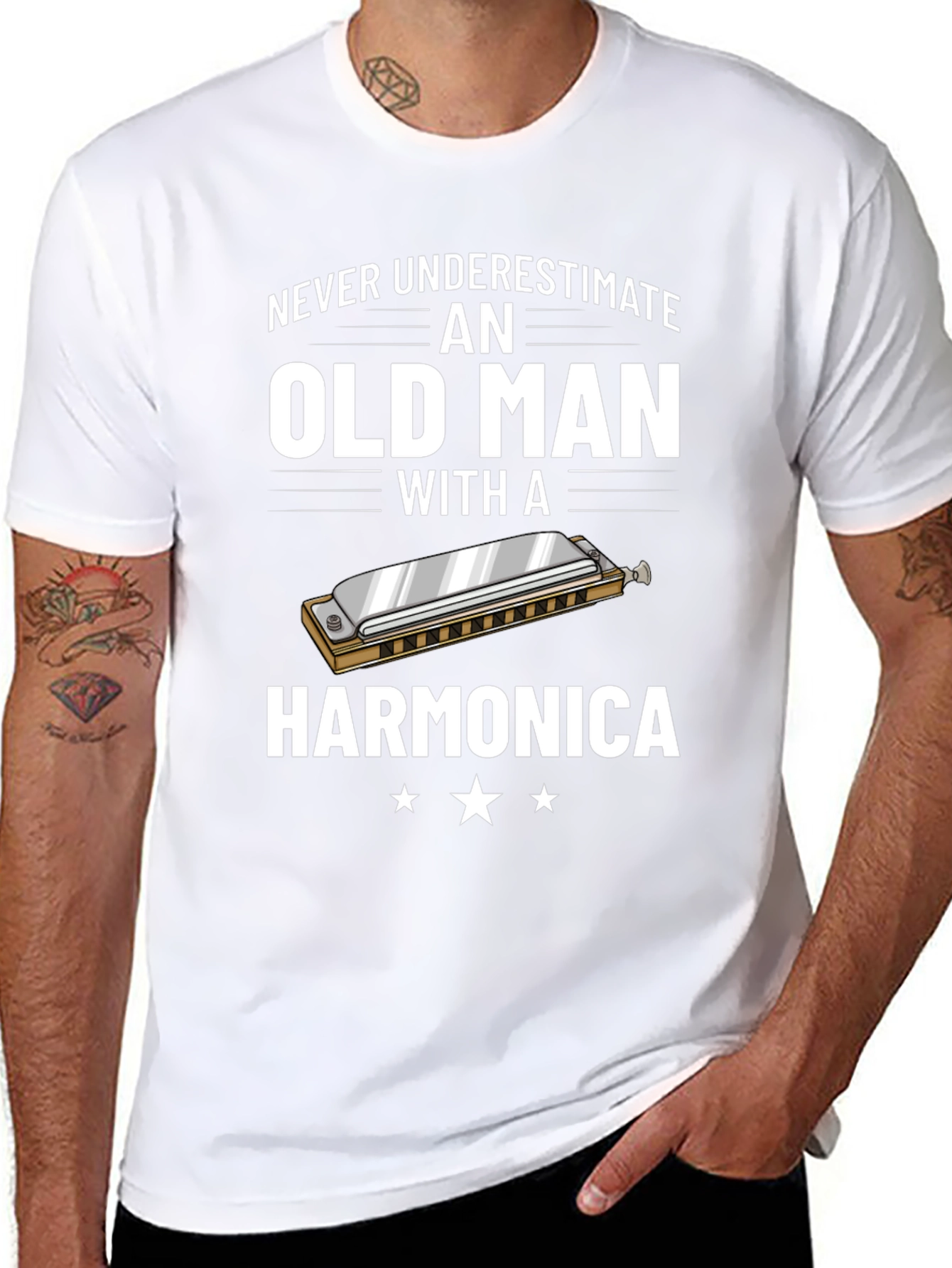 Never Underestimate an Old Man with a Harmonica T-Shirt