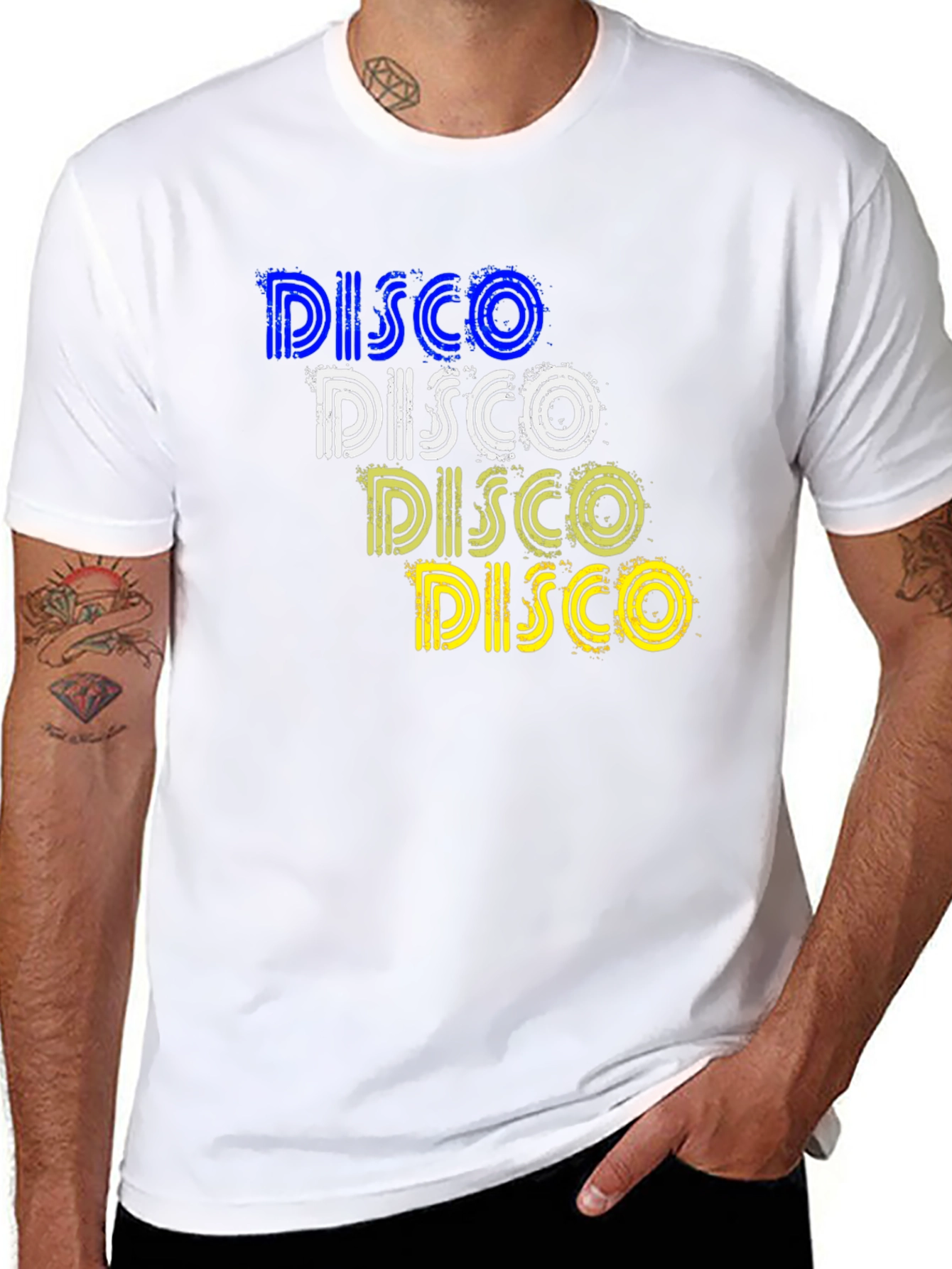 Retro Disco T-Shirt: Blue White Yellow Design