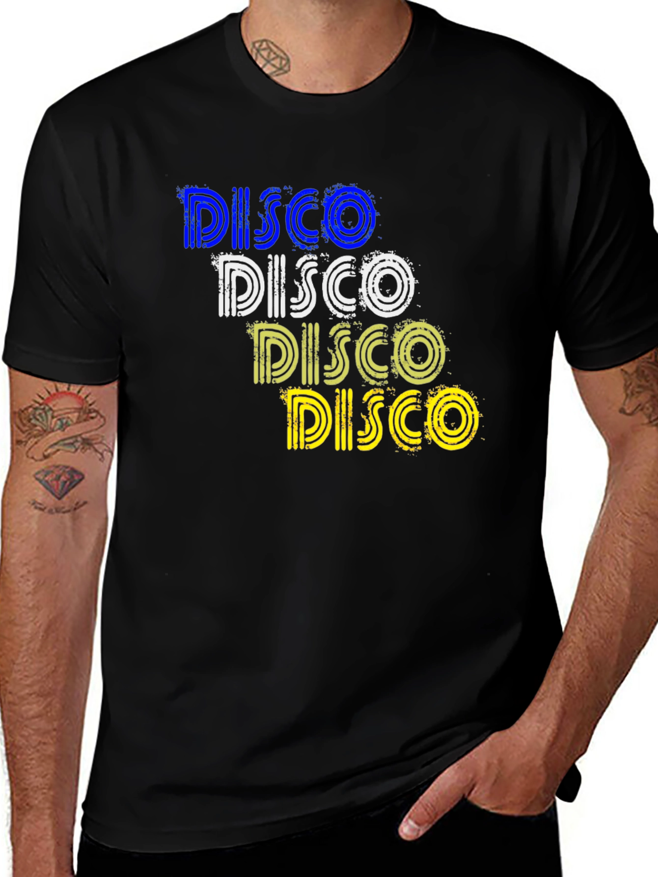 Retro Disco T-Shirt: Blue White Yellow Design