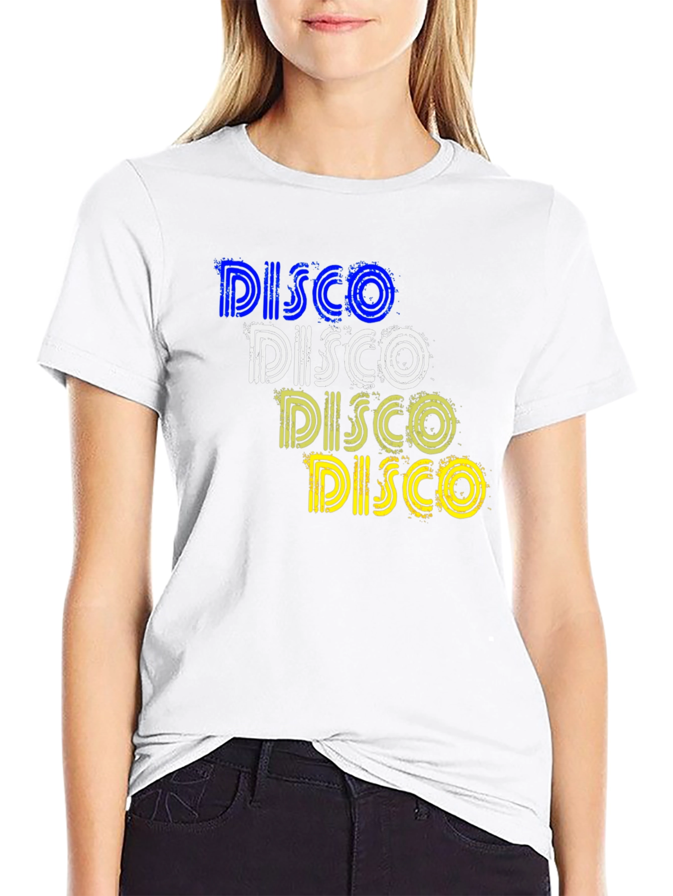 Retro Disco T-Shirt: Blue White Yellow Design