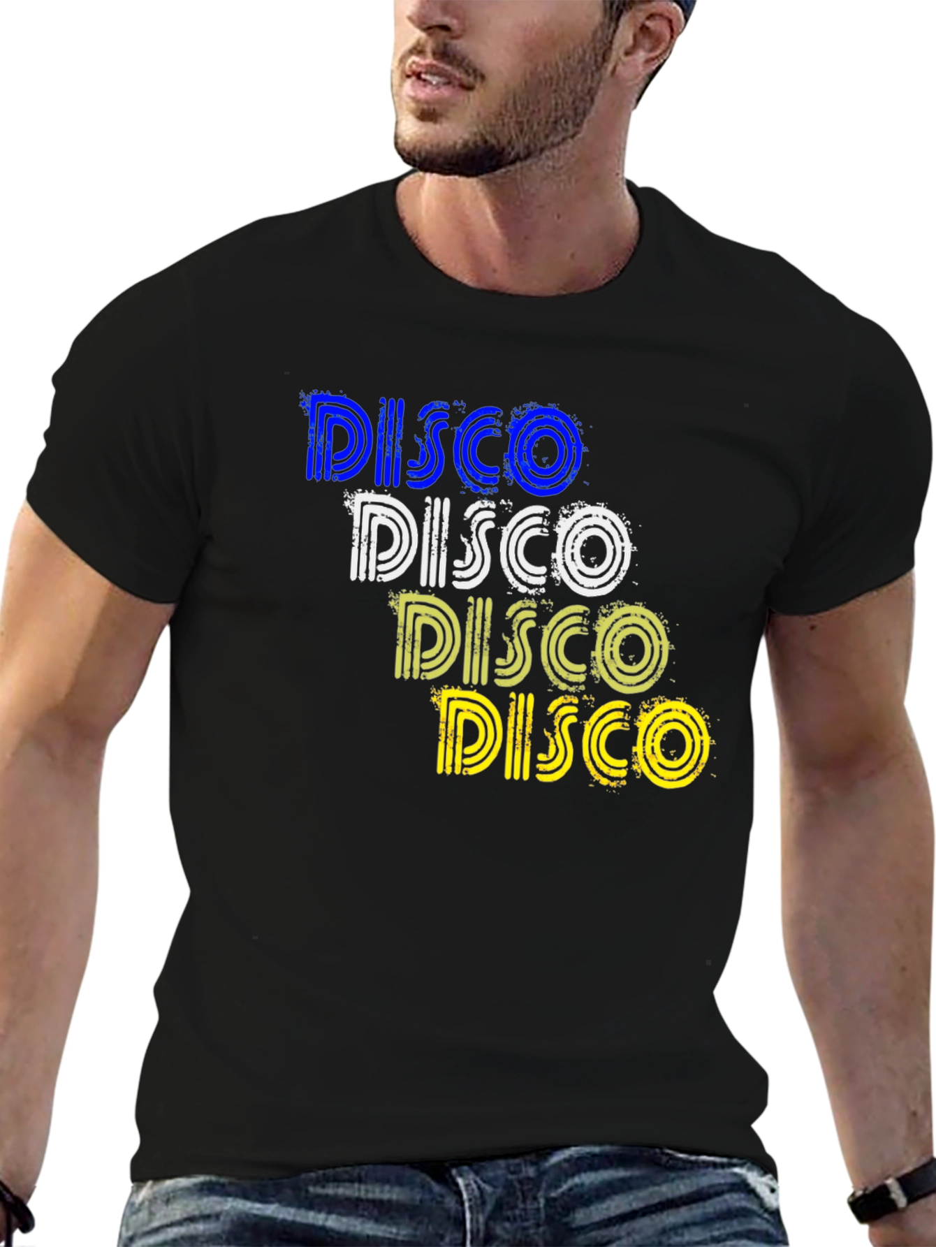 Retro Disco T-Shirt: Blue White Yellow Design