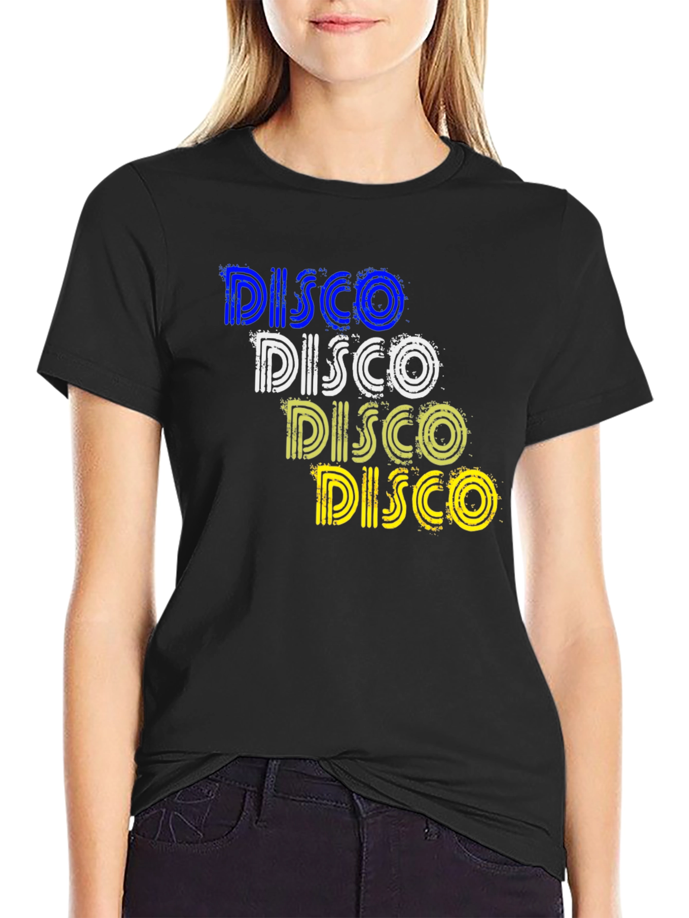 Retro Disco T-Shirt: Blue White Yellow Design