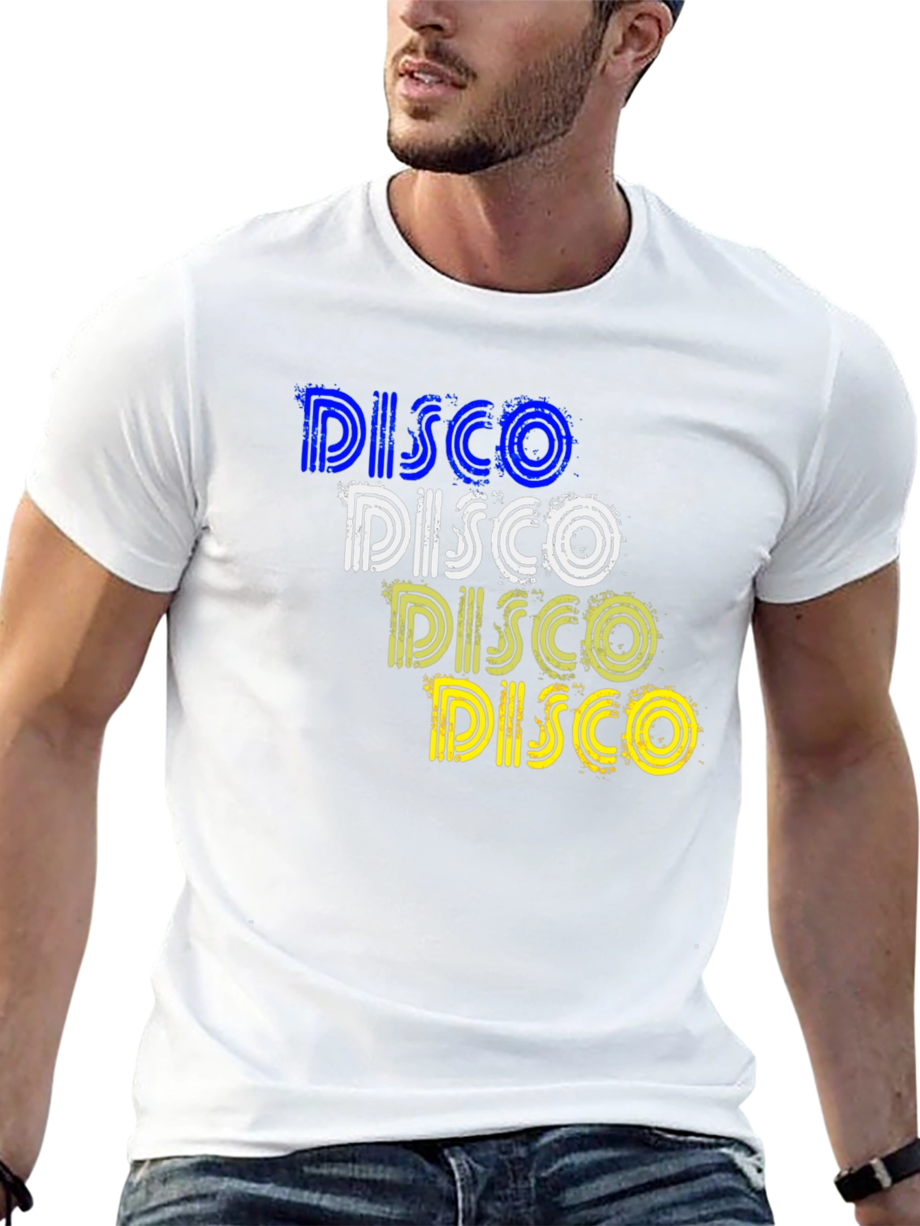 Retro Disco T-Shirt: Blue White Yellow Design