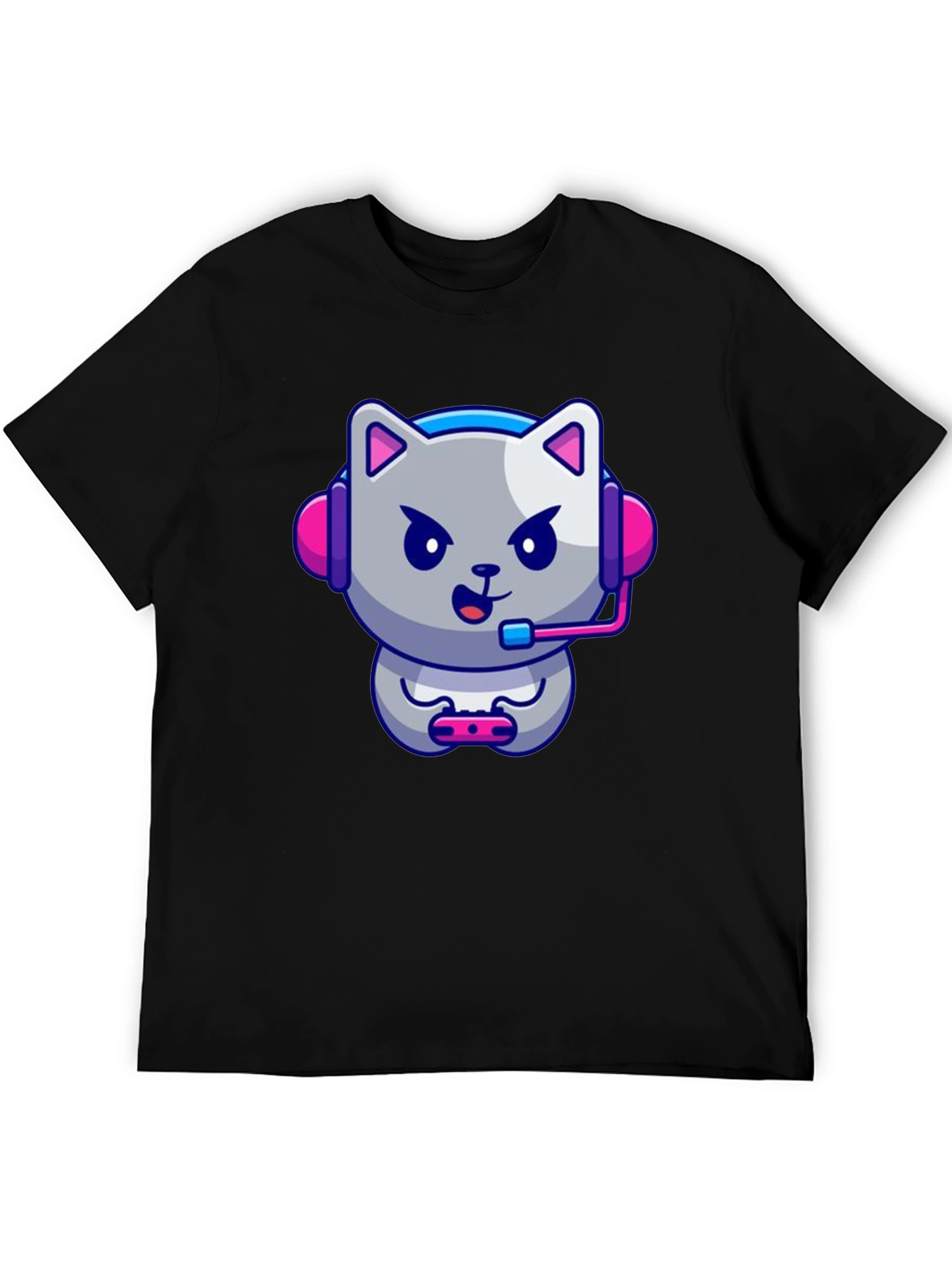Gamer Cat Graphic Tee - Black Cotton T-Shirt