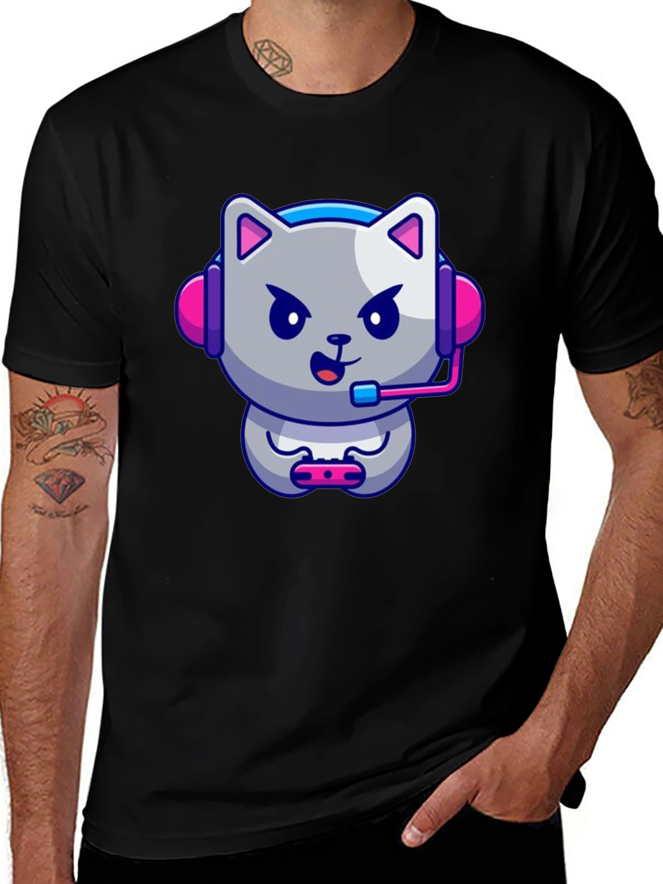 Gamer Cat Graphic Tee - Black Cotton T-Shirt