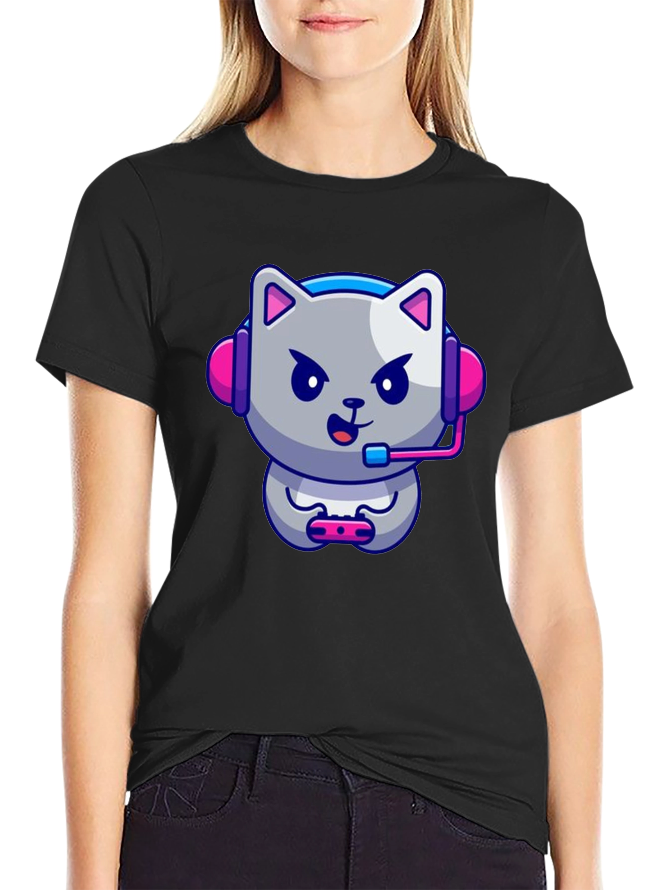 Gamer Cat Graphic Tee - Black Cotton T-Shirt