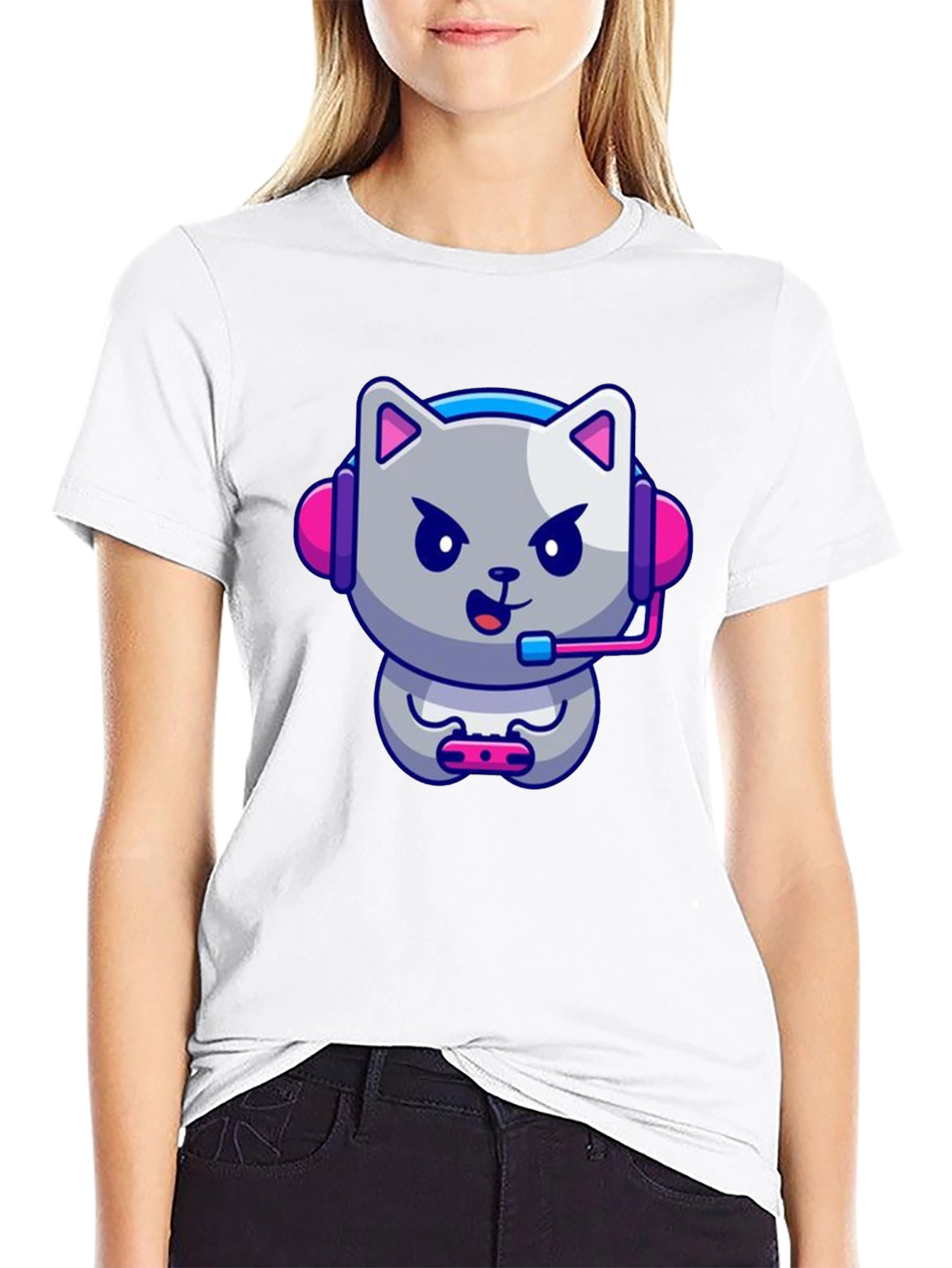 Gamer Cat Graphic Tee - Black Cotton T-Shirt