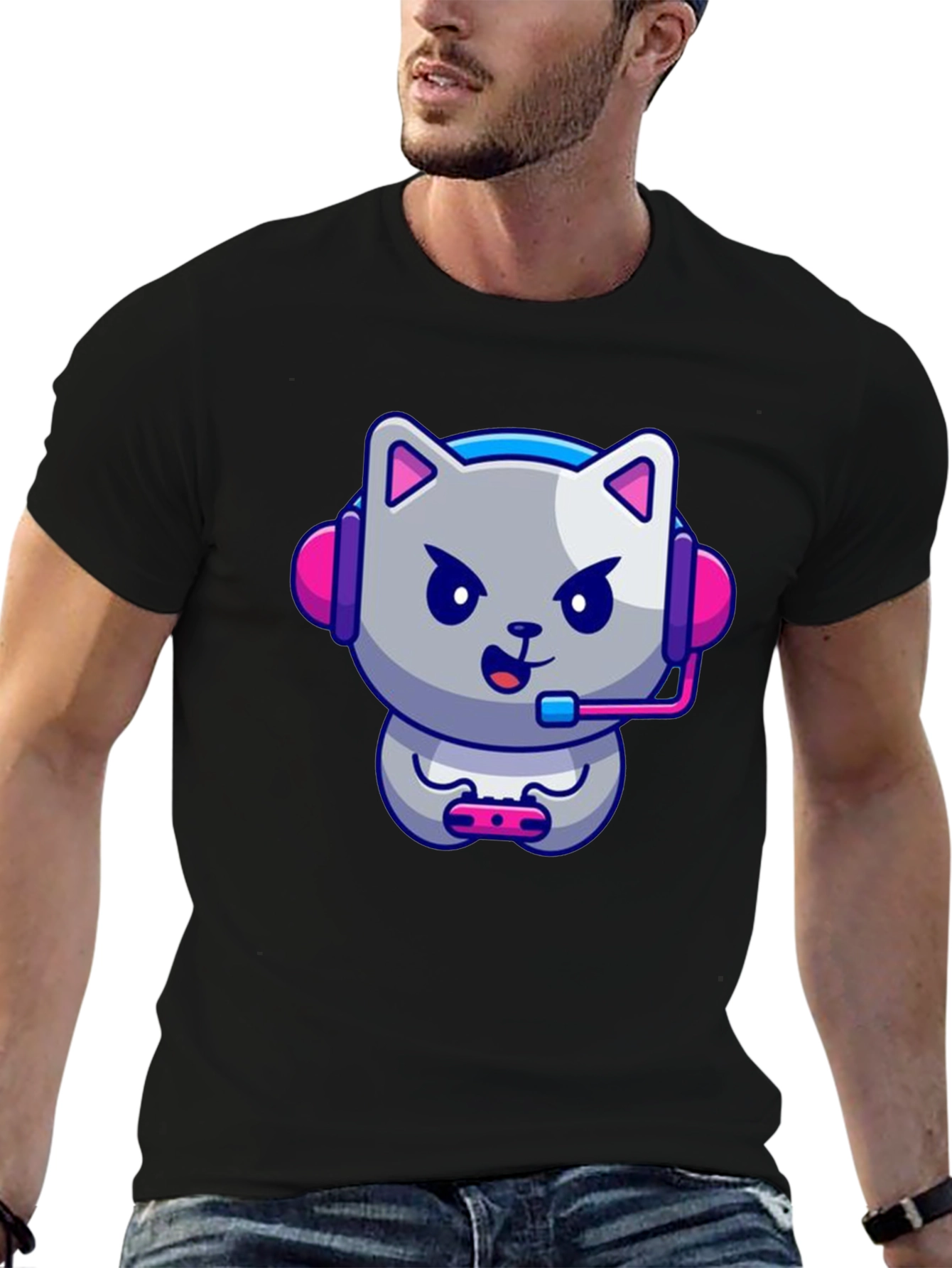 Gamer Cat Graphic Tee - Black Cotton T-Shirt