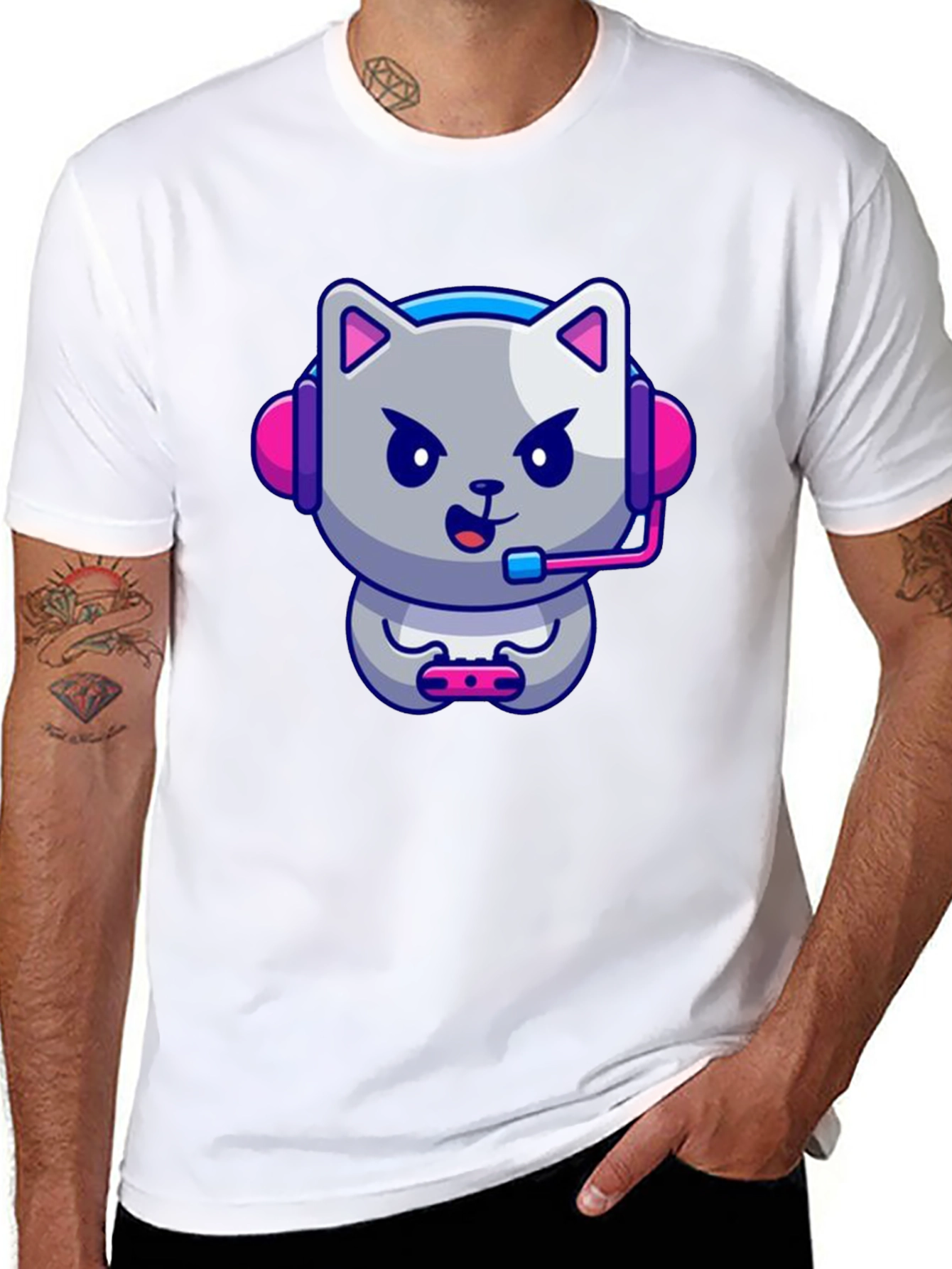 Gamer Cat Graphic Tee - Black Cotton T-Shirt