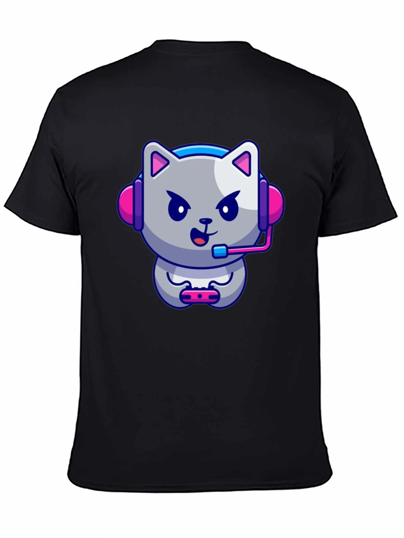 Gamer Cat Graphic Tee - Black Cotton T-Shirt