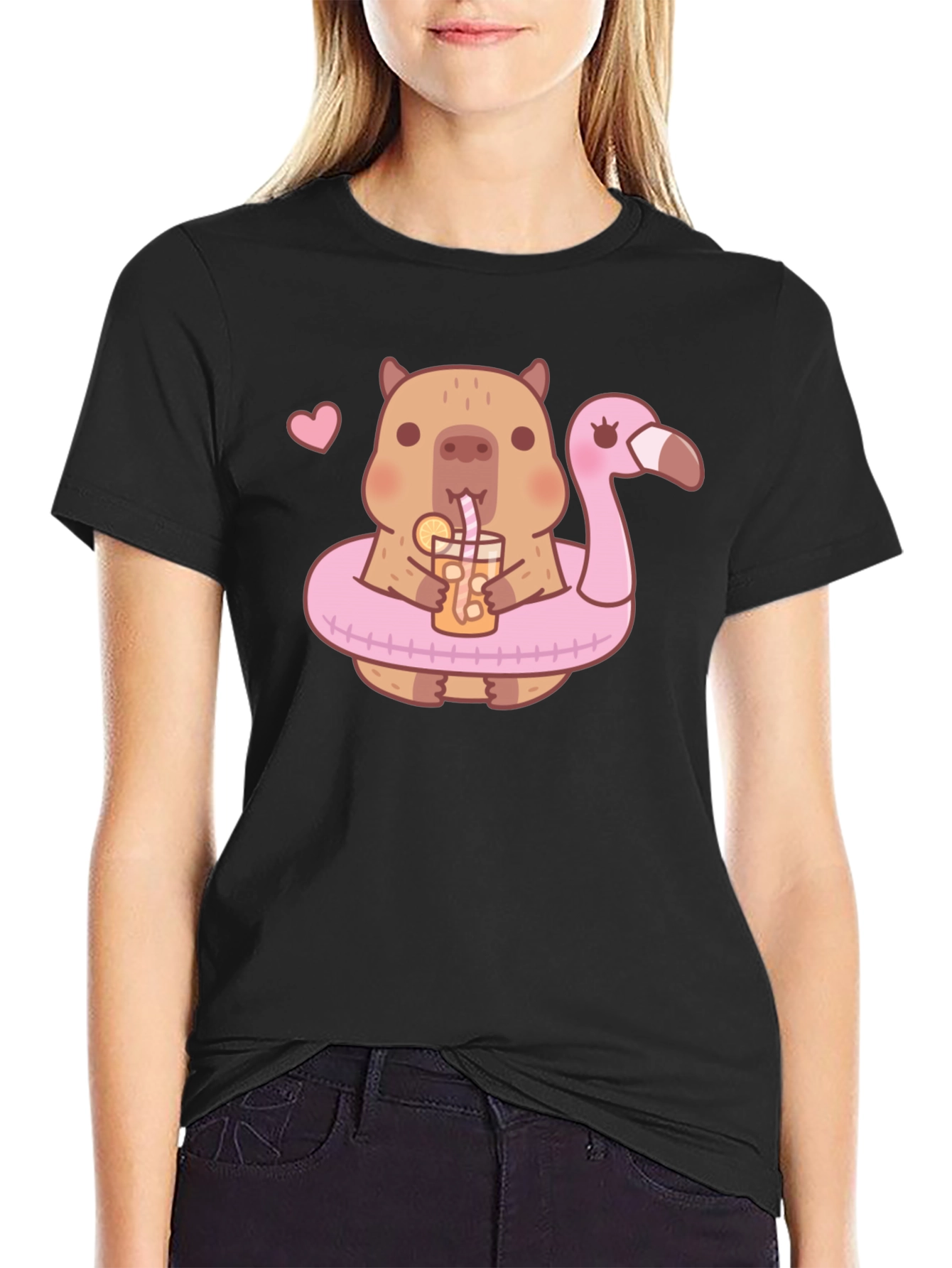 Cute Capybara Flamingo Drink Graphic T-Shirt