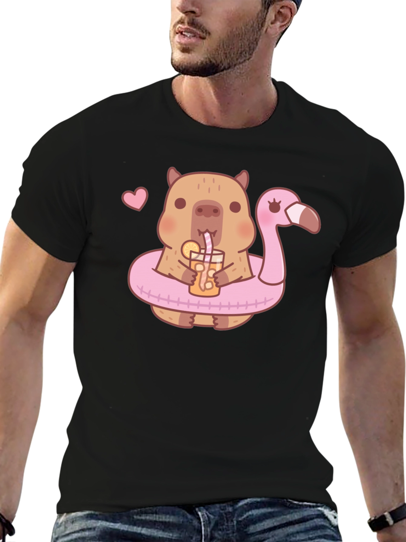 Cute Capybara Flamingo Drink Graphic T-Shirt