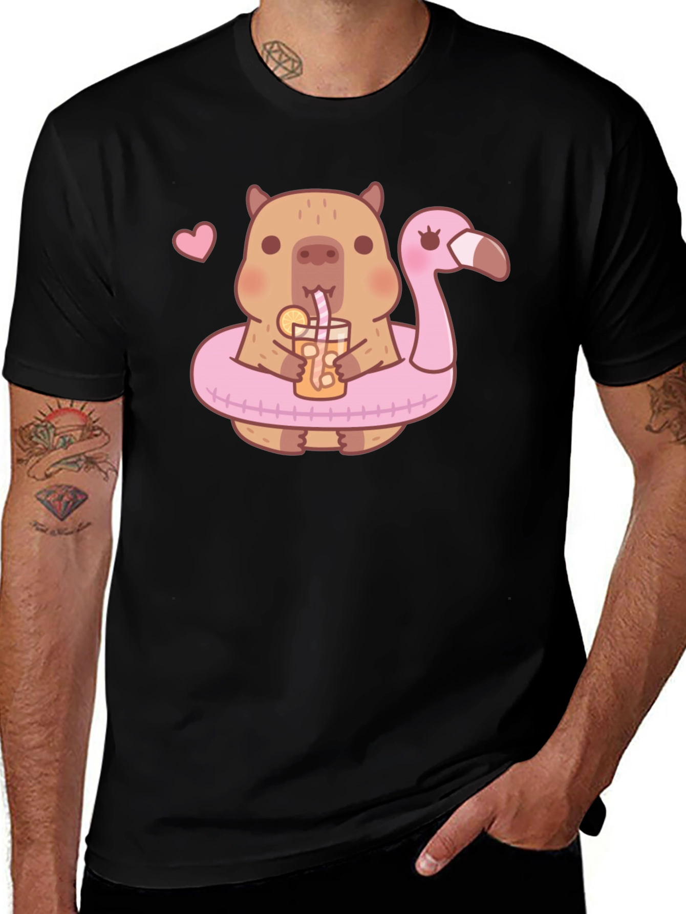 Cute Capybara Flamingo Drink Graphic T-Shirt