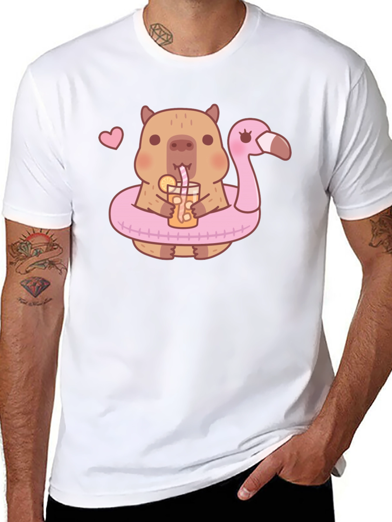 Cute Capybara Flamingo Drink Graphic T-Shirt