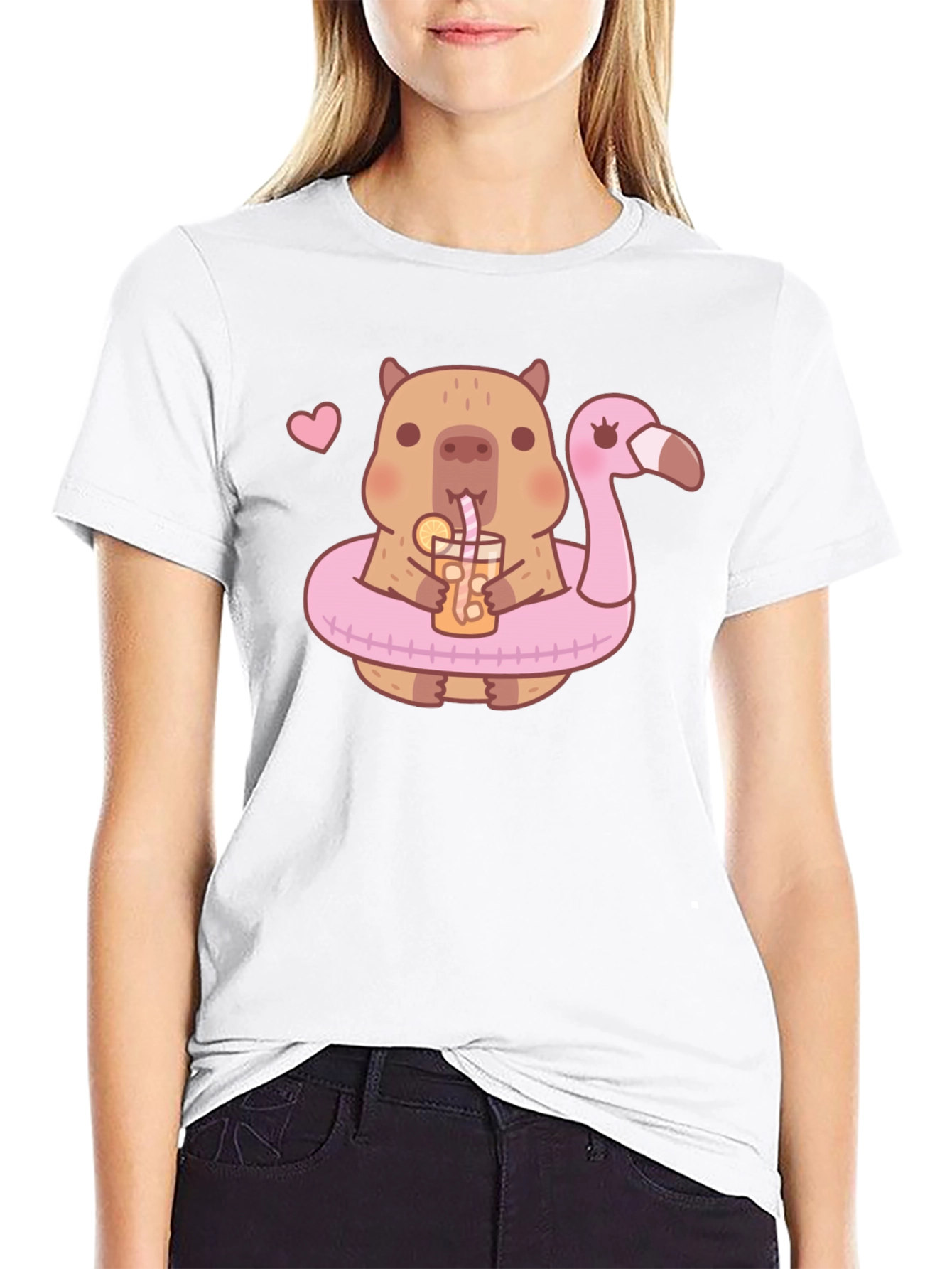 Cute Capybara Flamingo Drink Graphic T-Shirt