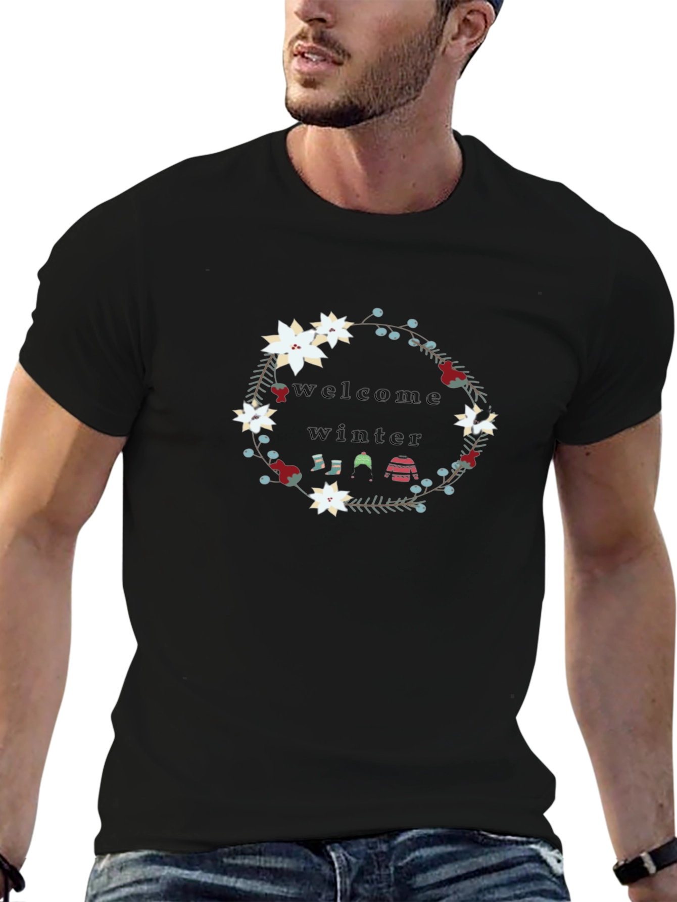 Welcome Winter Floral Wreath Black T-Shirt