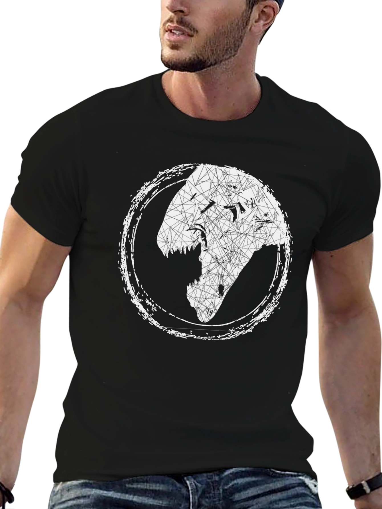 Geometric Dinosaur Head Graphic Tee - Black