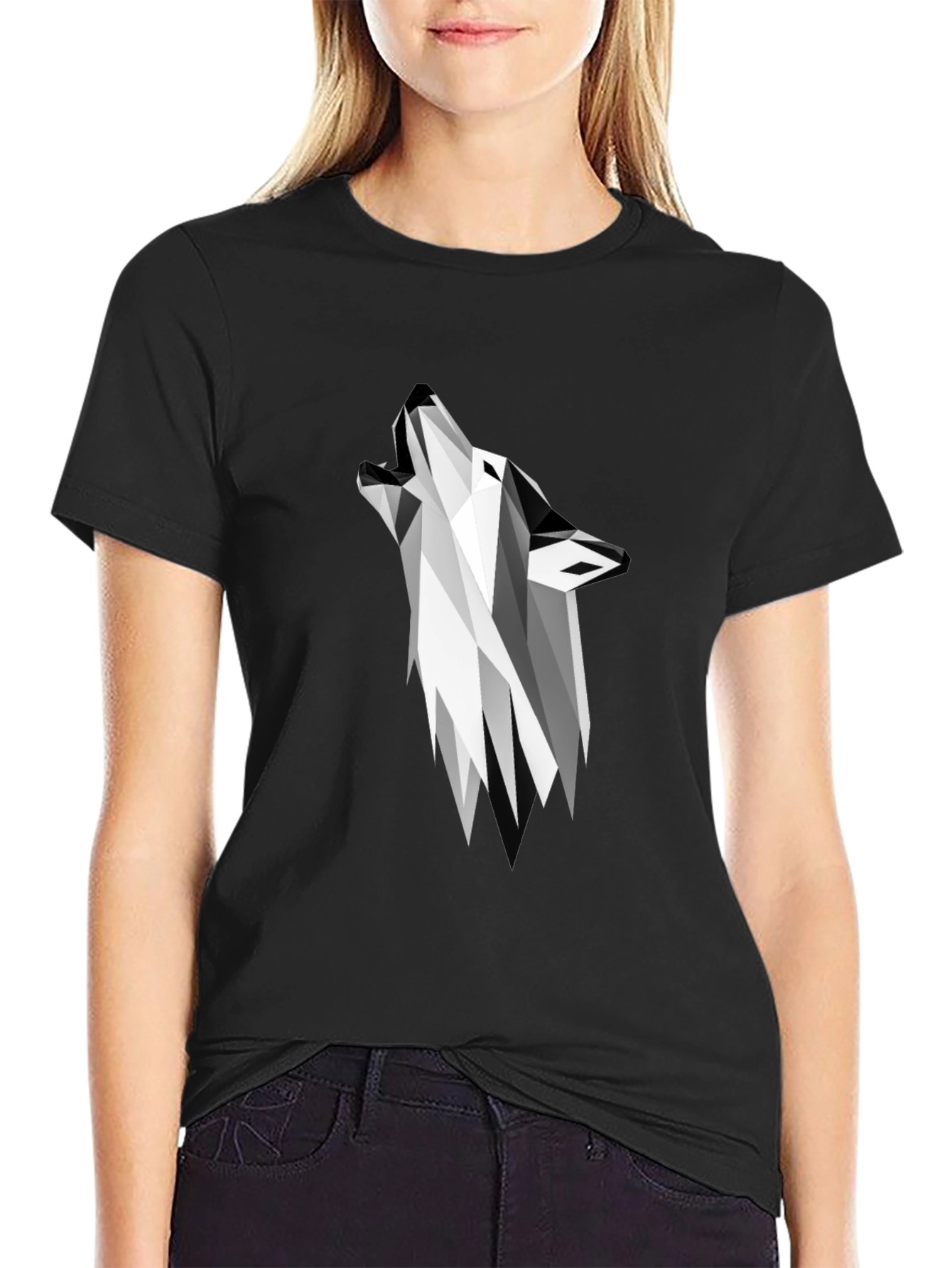 Geometric Wolf Graphic Tee - Modern Black T-Shirt