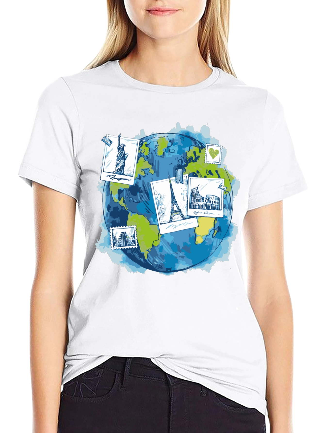 World Travel Landmarks Globe Graphic T-Shirt