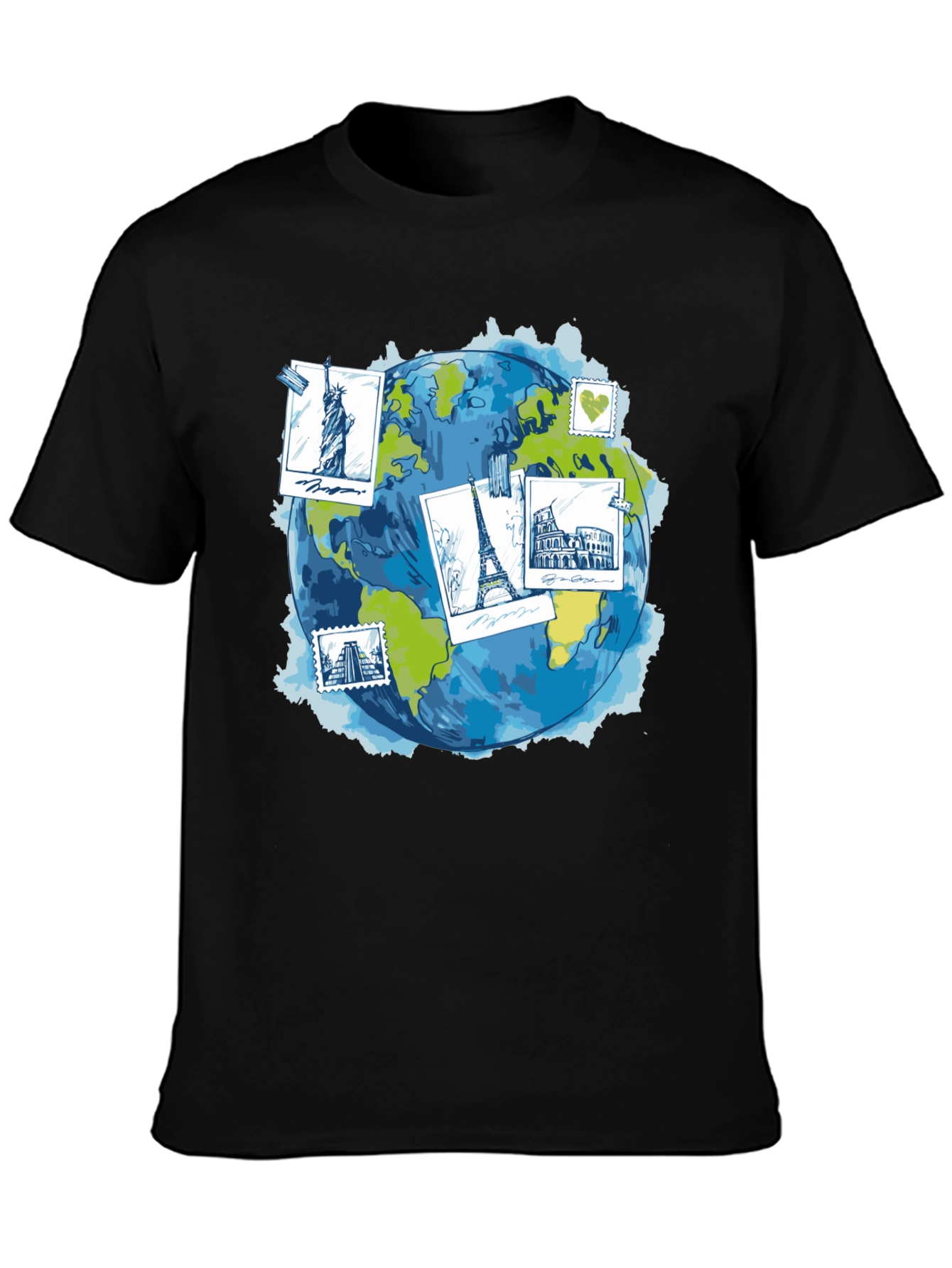 World Travel Landmarks Globe Graphic T-Shirt