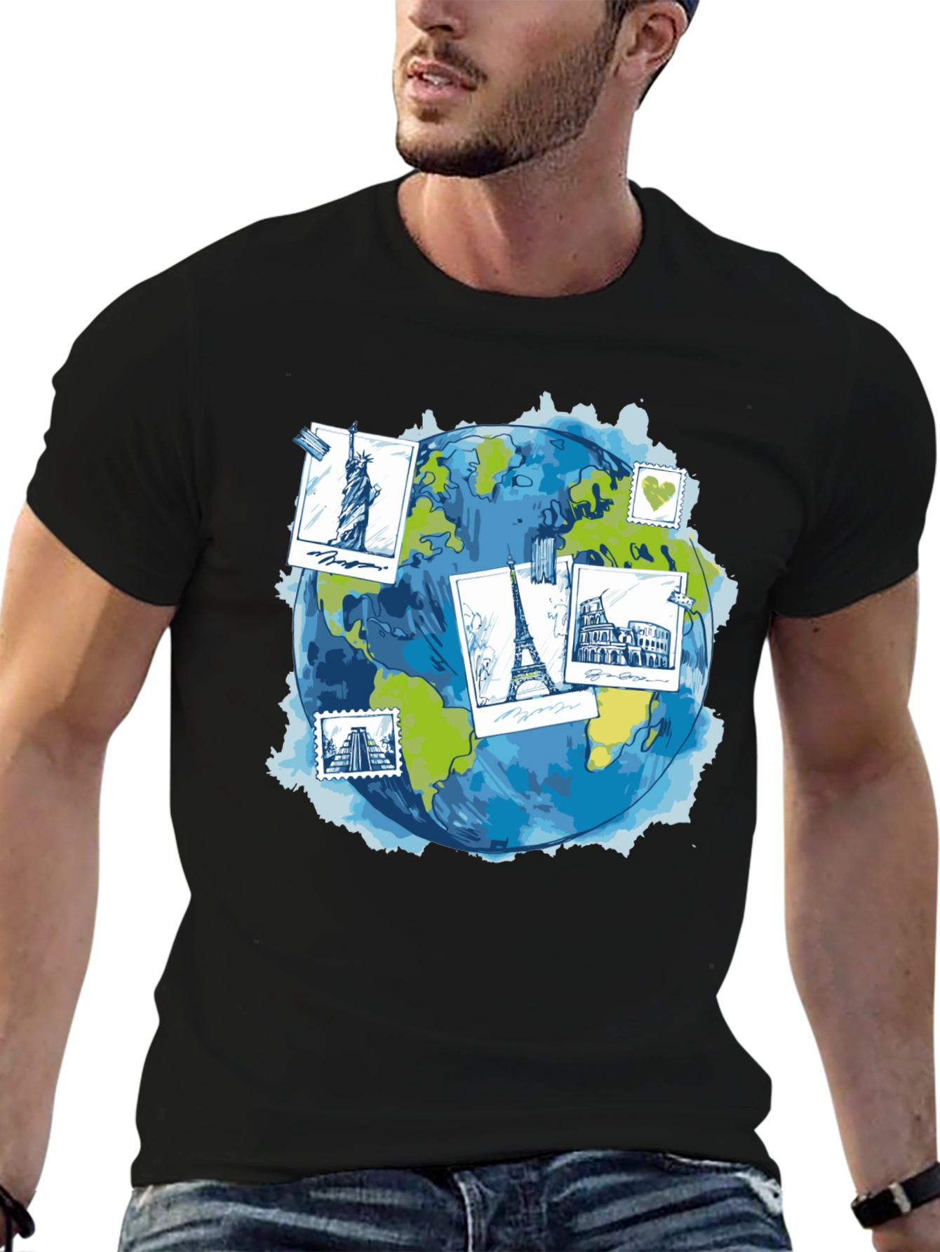 World Travel Landmarks Globe Graphic T-Shirt