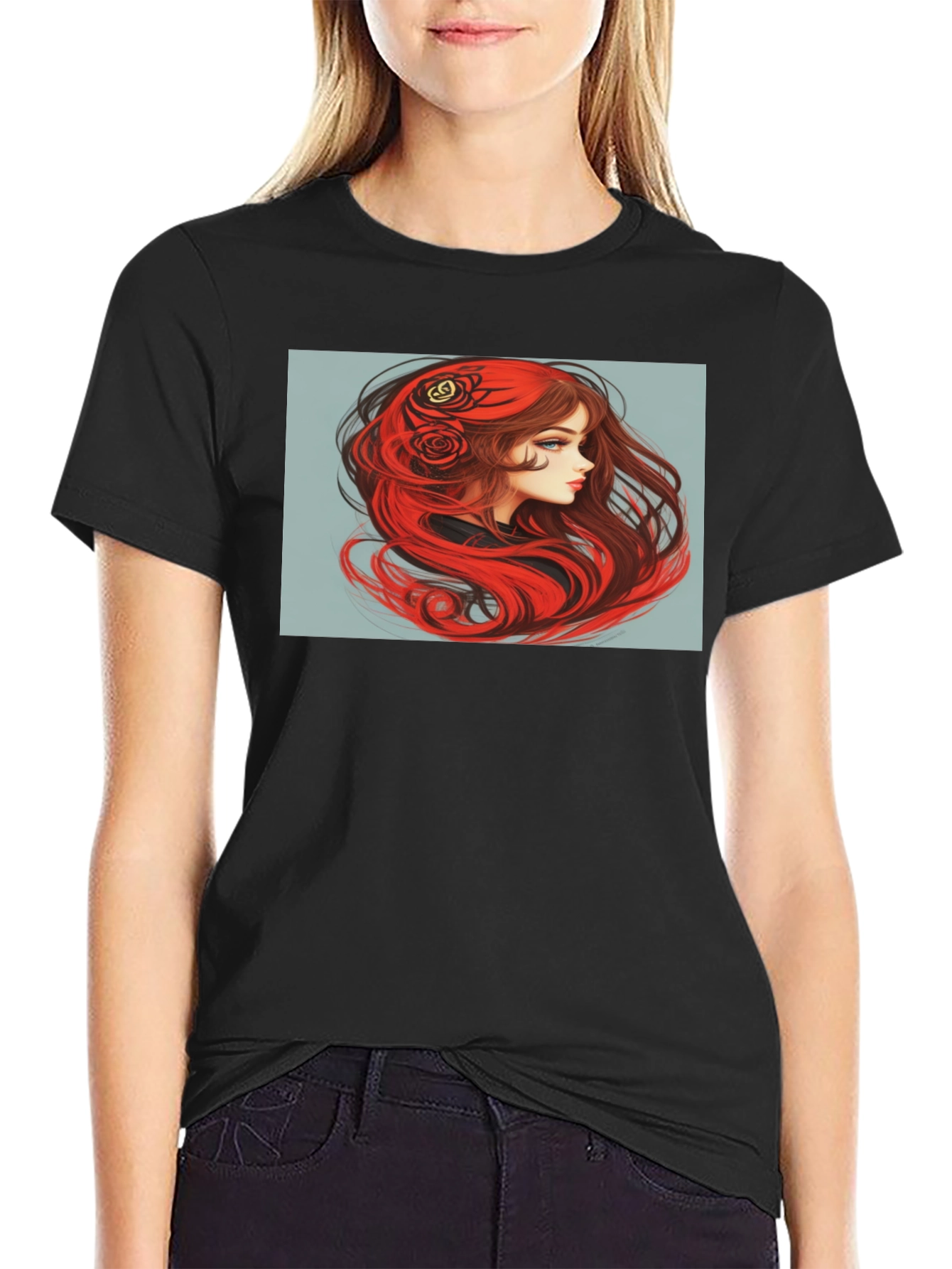 Red-Haired Woman Graphic Black T-Shirt