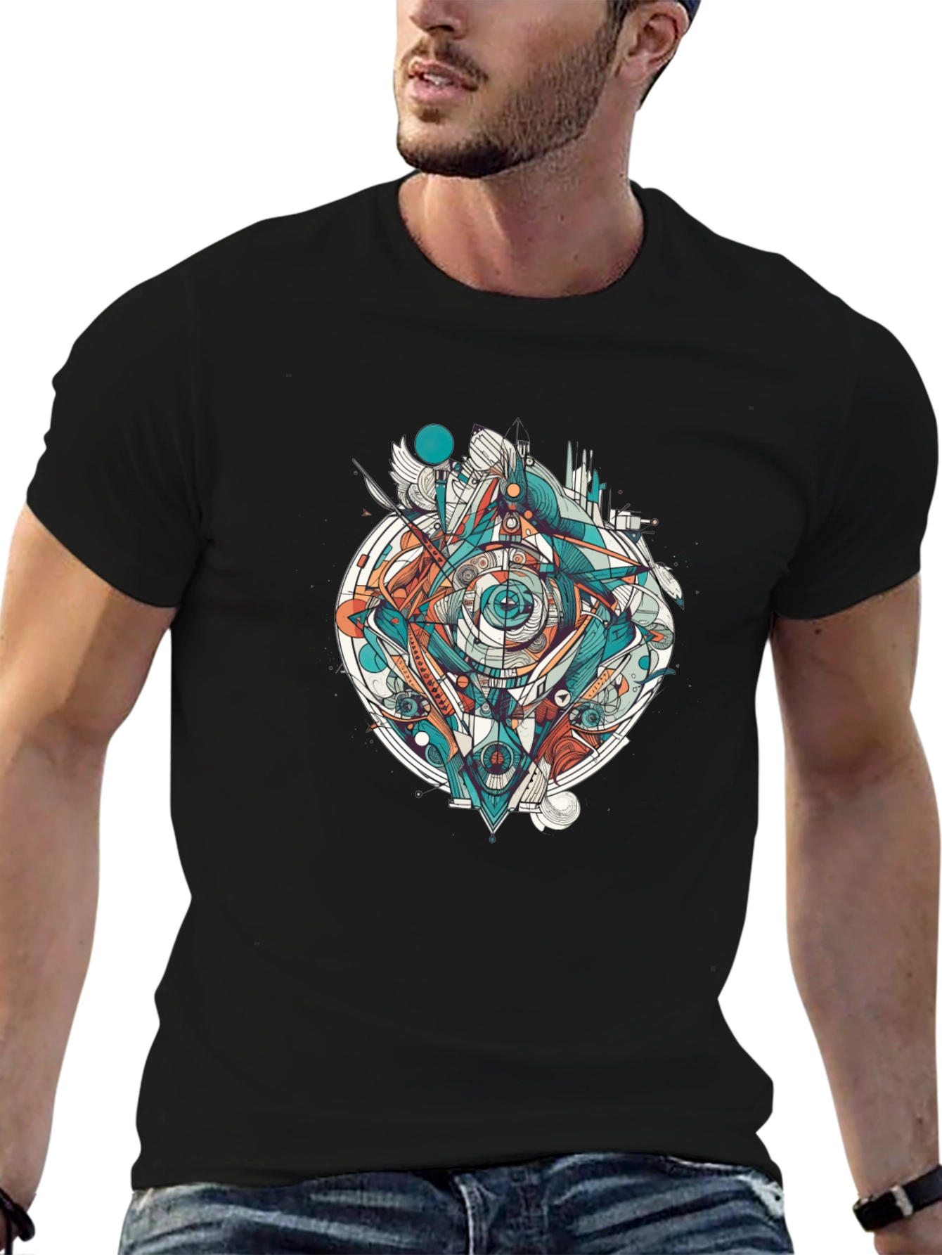 Abstract Geometric Eye Graphic Tee - Black