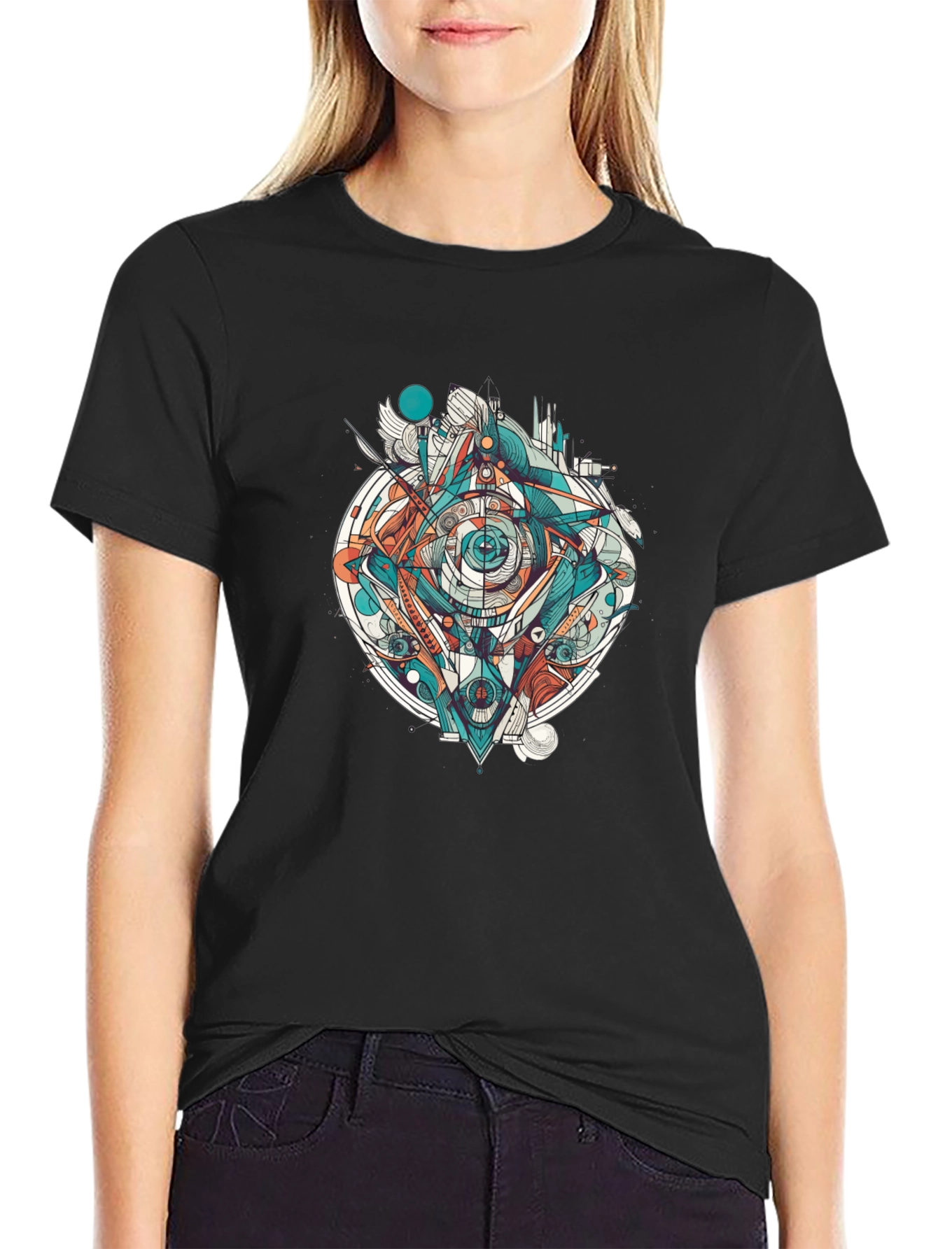 Abstract Geometric Eye Graphic Tee - Black
