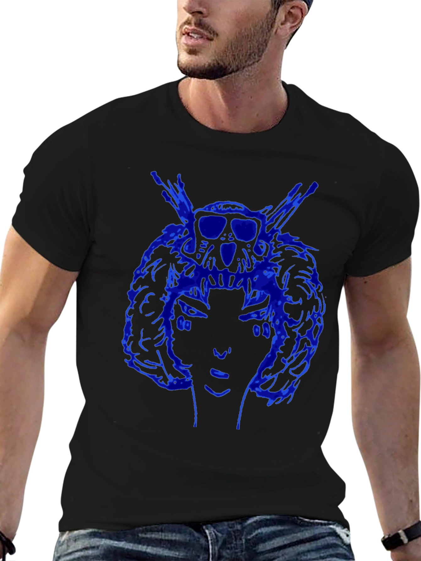 Blue Graphic Print Black Tee