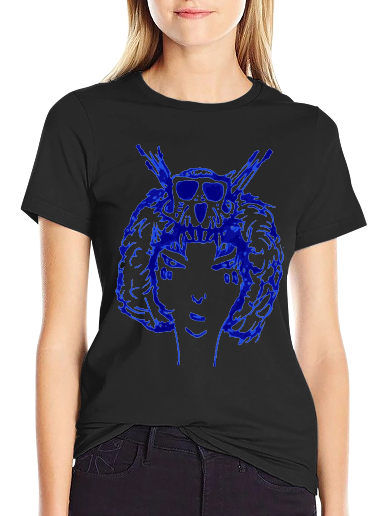 Blue Graphic Print Black Tee